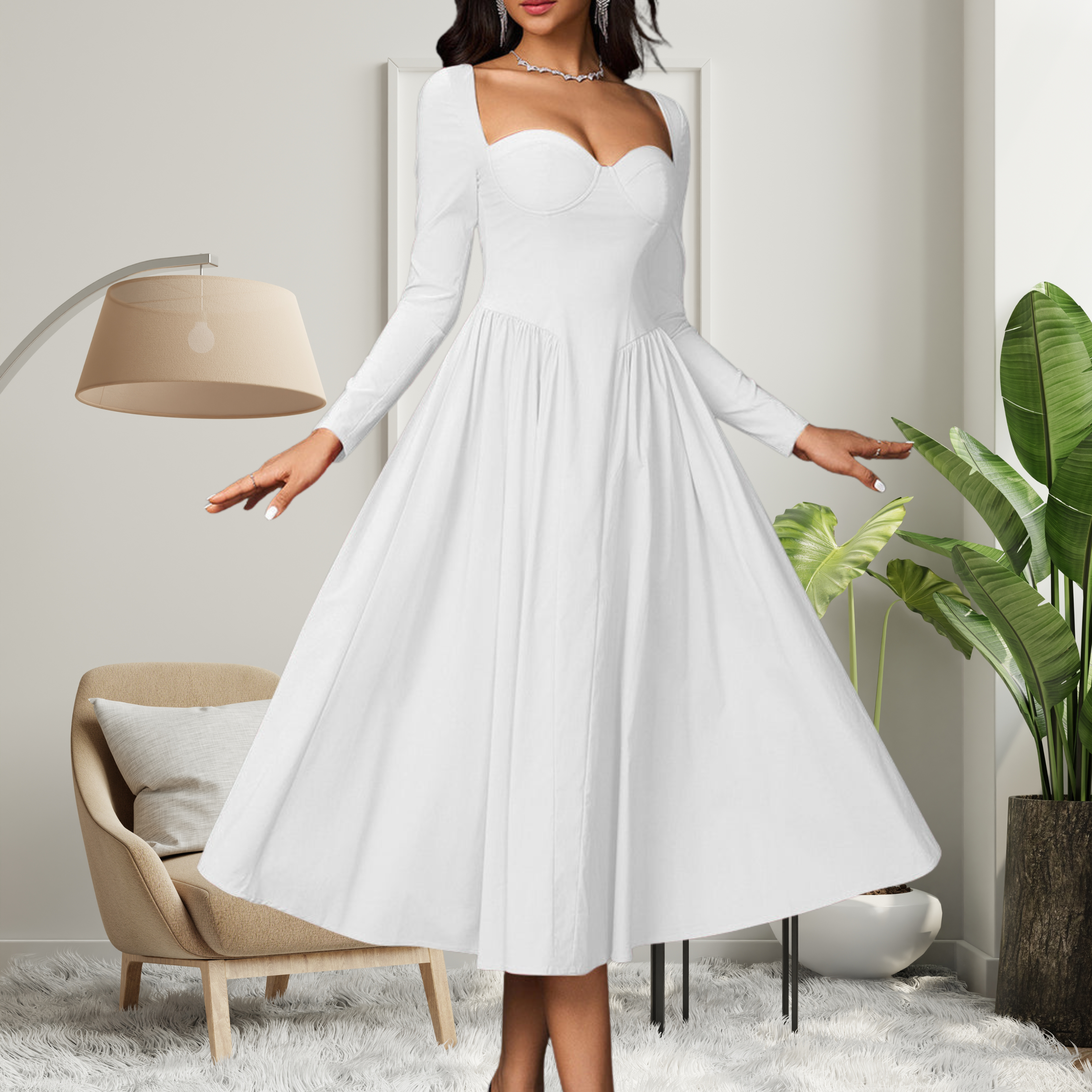 Abito Midi da Donna con Scollo a Cuore e Maniche Lunghe