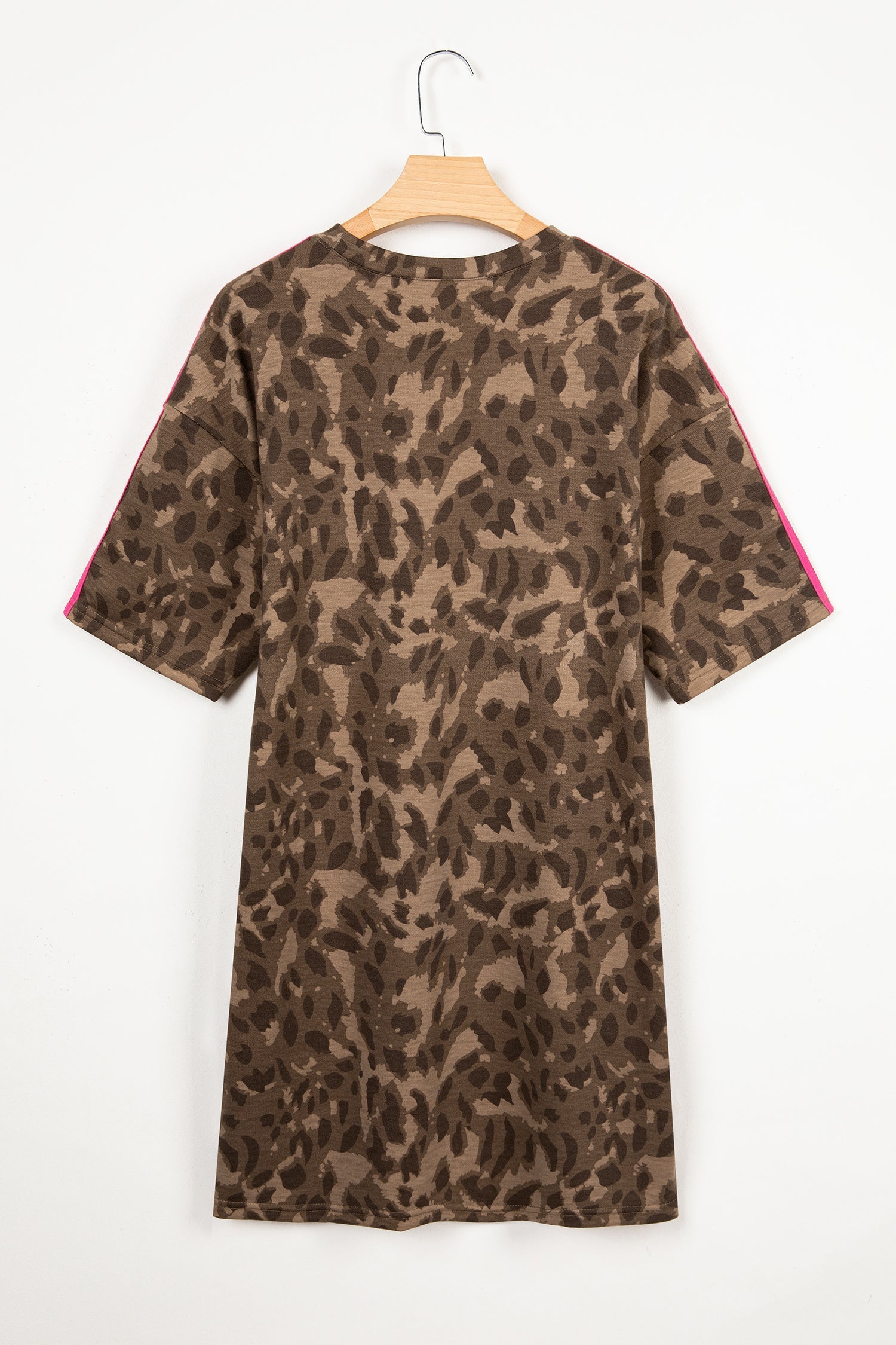 Brown Mini T-Shirt Dress with Leopard Print and Pockets