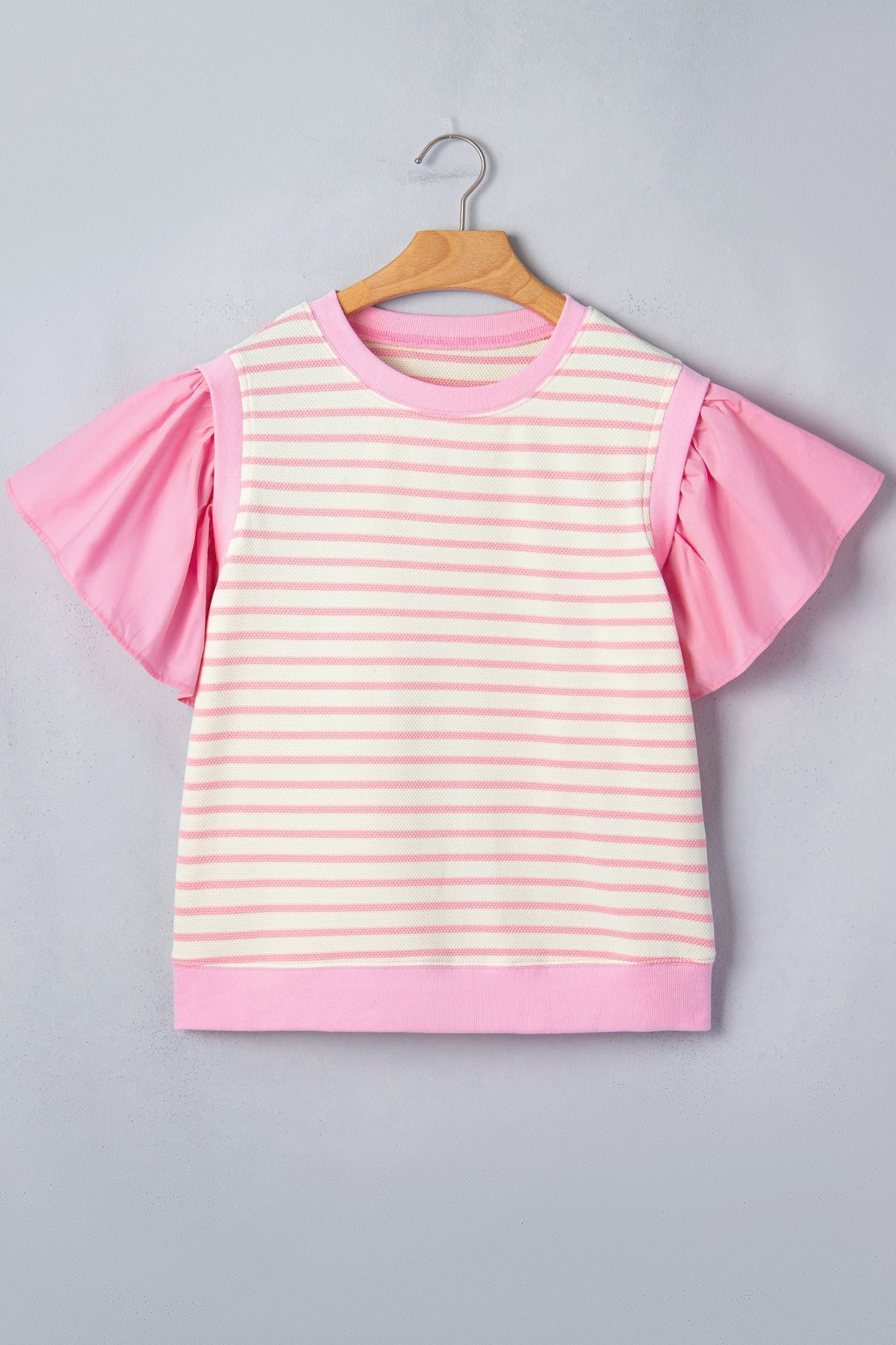 Blusa a Righe Rosa con Maniche Corte a Volant e Patchwork