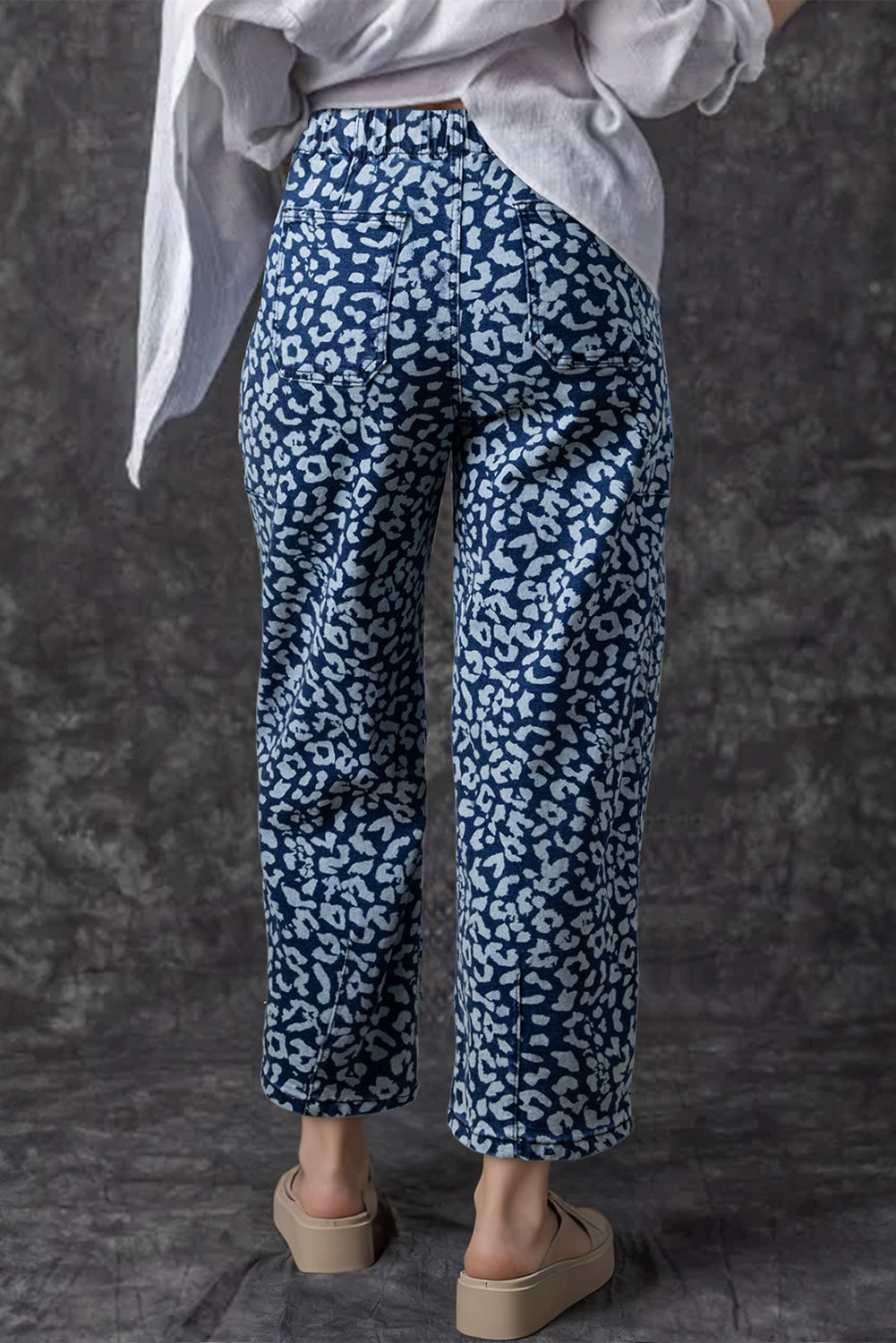 Jeans a Gamba Larga con Stampa Leopardata, Coulisse ed Elastico in Vita