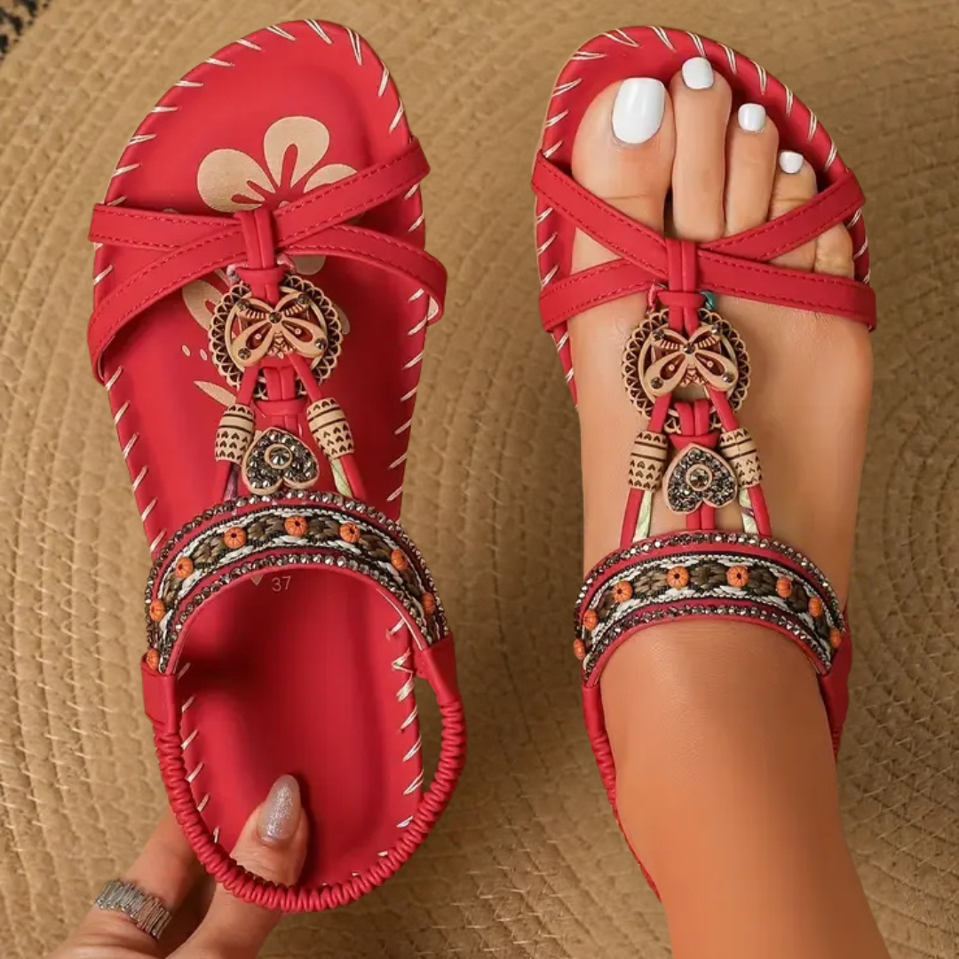 Sandali Donna Boho con Perline Decorative e Cinturino Elastico