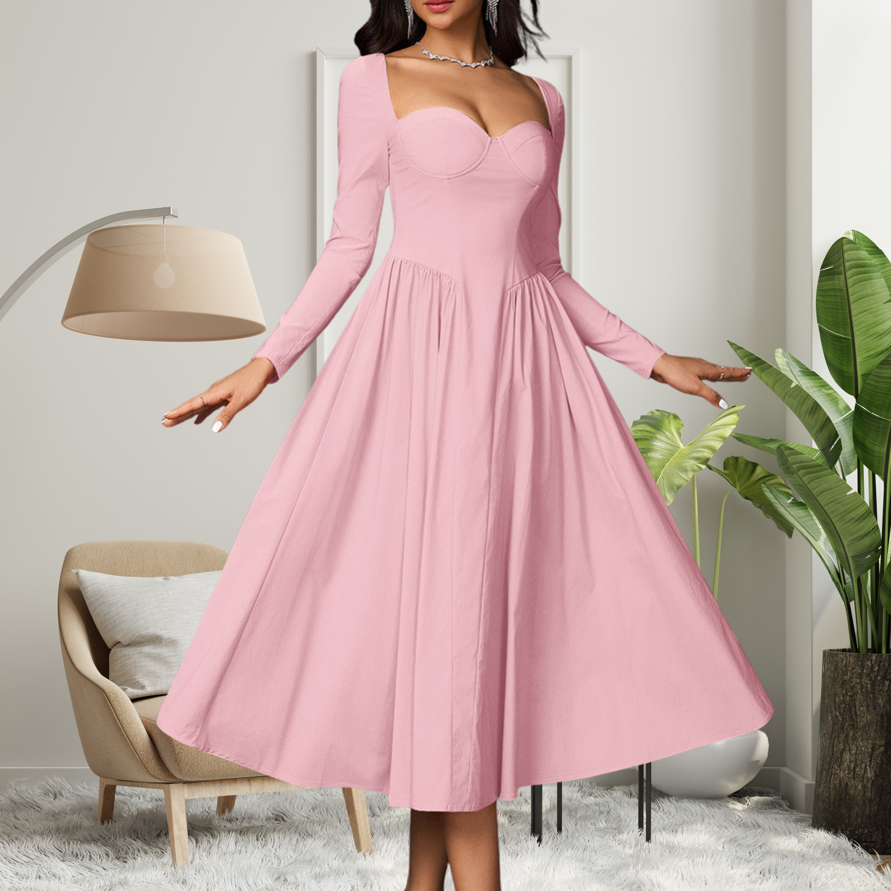 Abito Midi da Donna con Scollo a Cuore e Maniche Lunghe