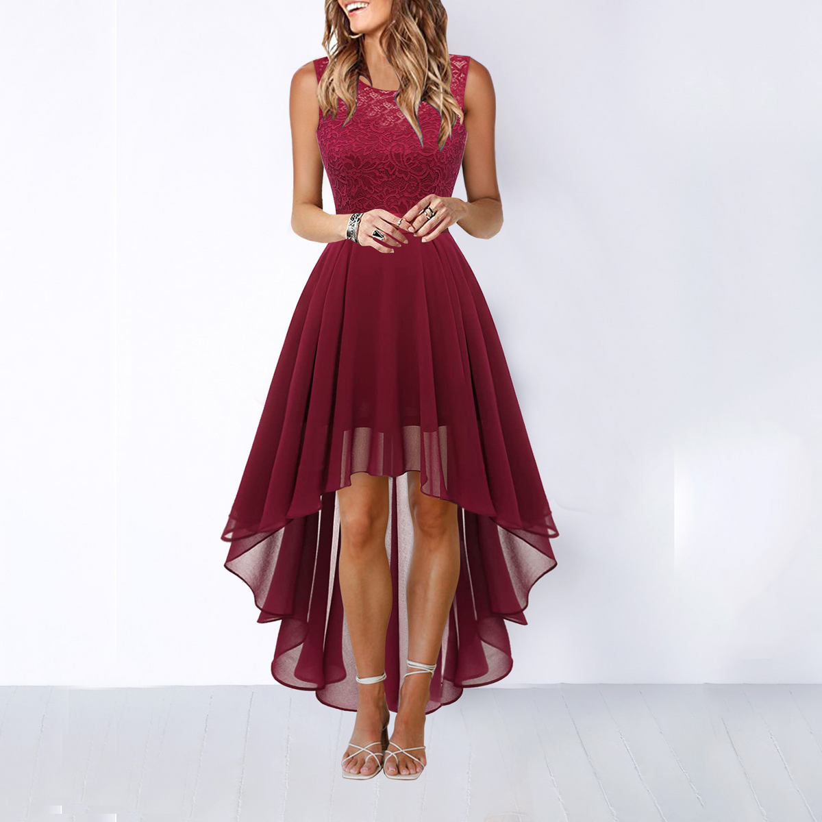 Elegancka asymetryczna sukienka wieczorowa high-low bez rękawów