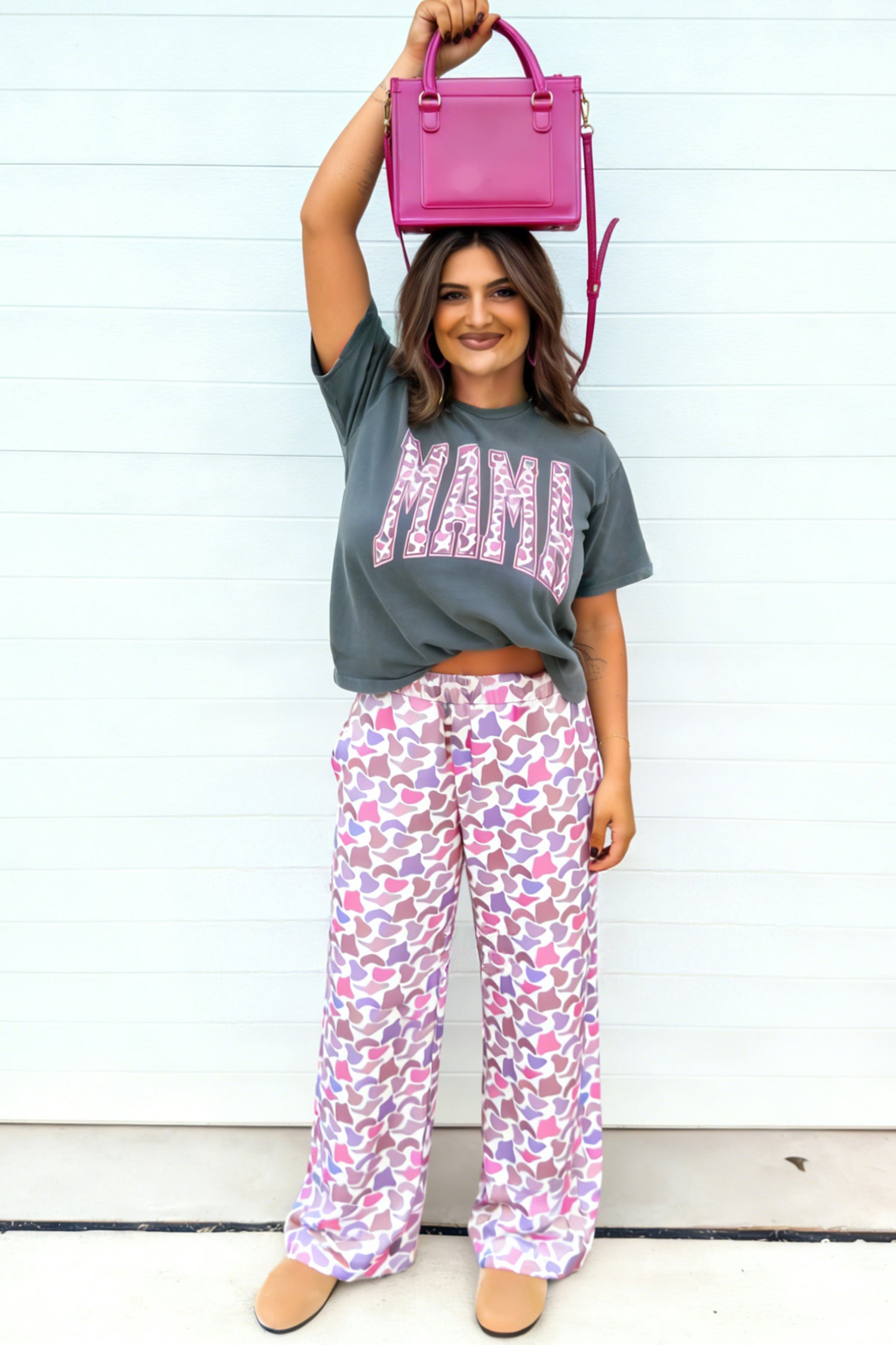 Medium Gray Coordinated Set with MAMA T-shirt and Camouflage Pants