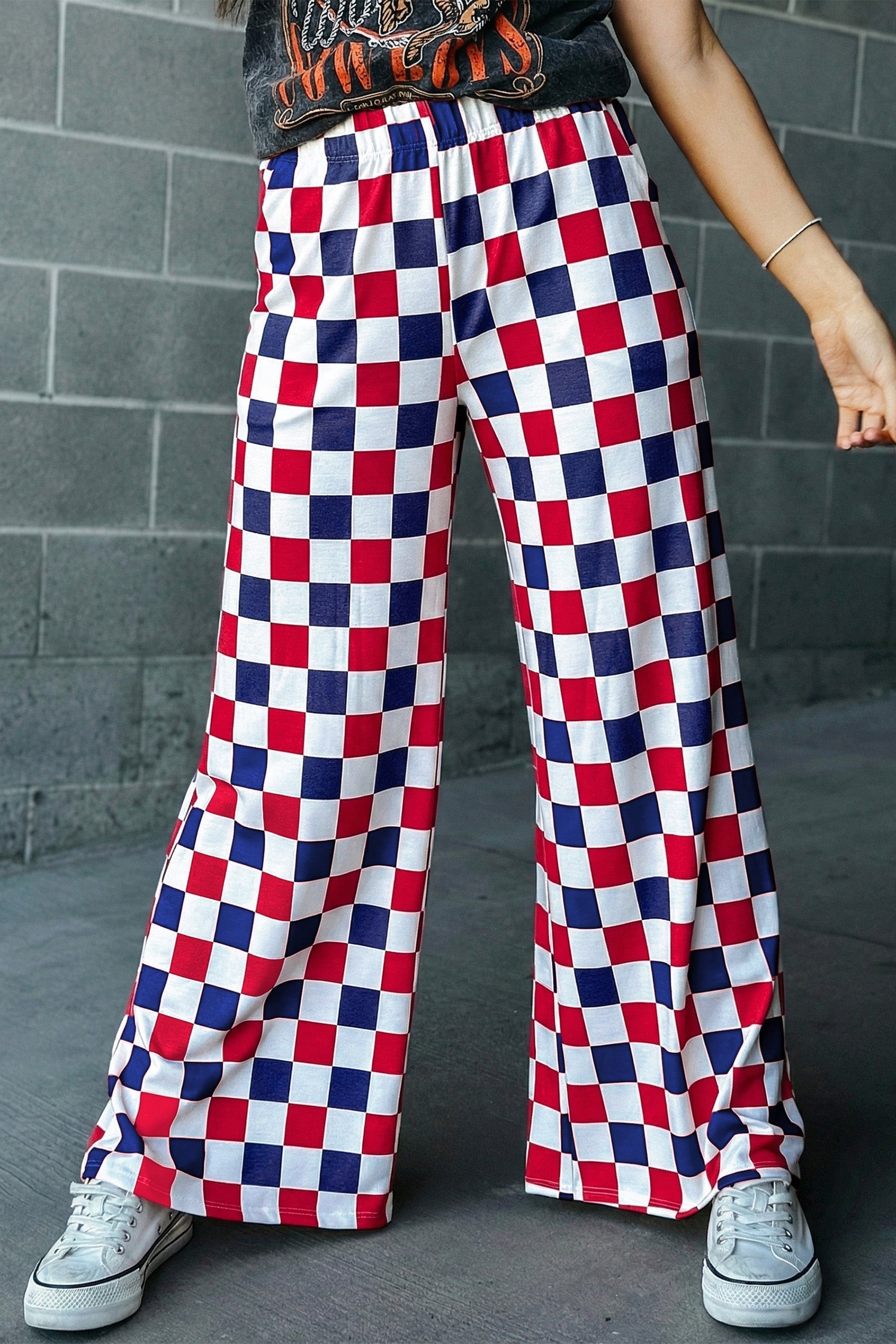 Pantaloni a Gamba Larga a Vita Alta con Stampa a Scacchi Bicolore