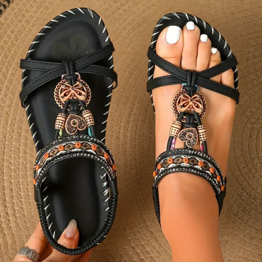 Boho damesandaler med dekorative perler og elastisk rem