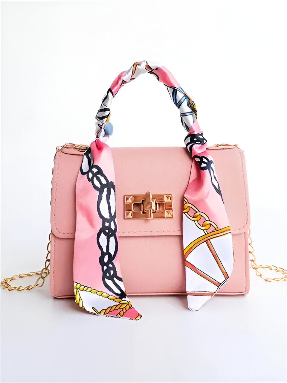 Sac à main pour femme avec foulard décoratif et bandoulière chaîne