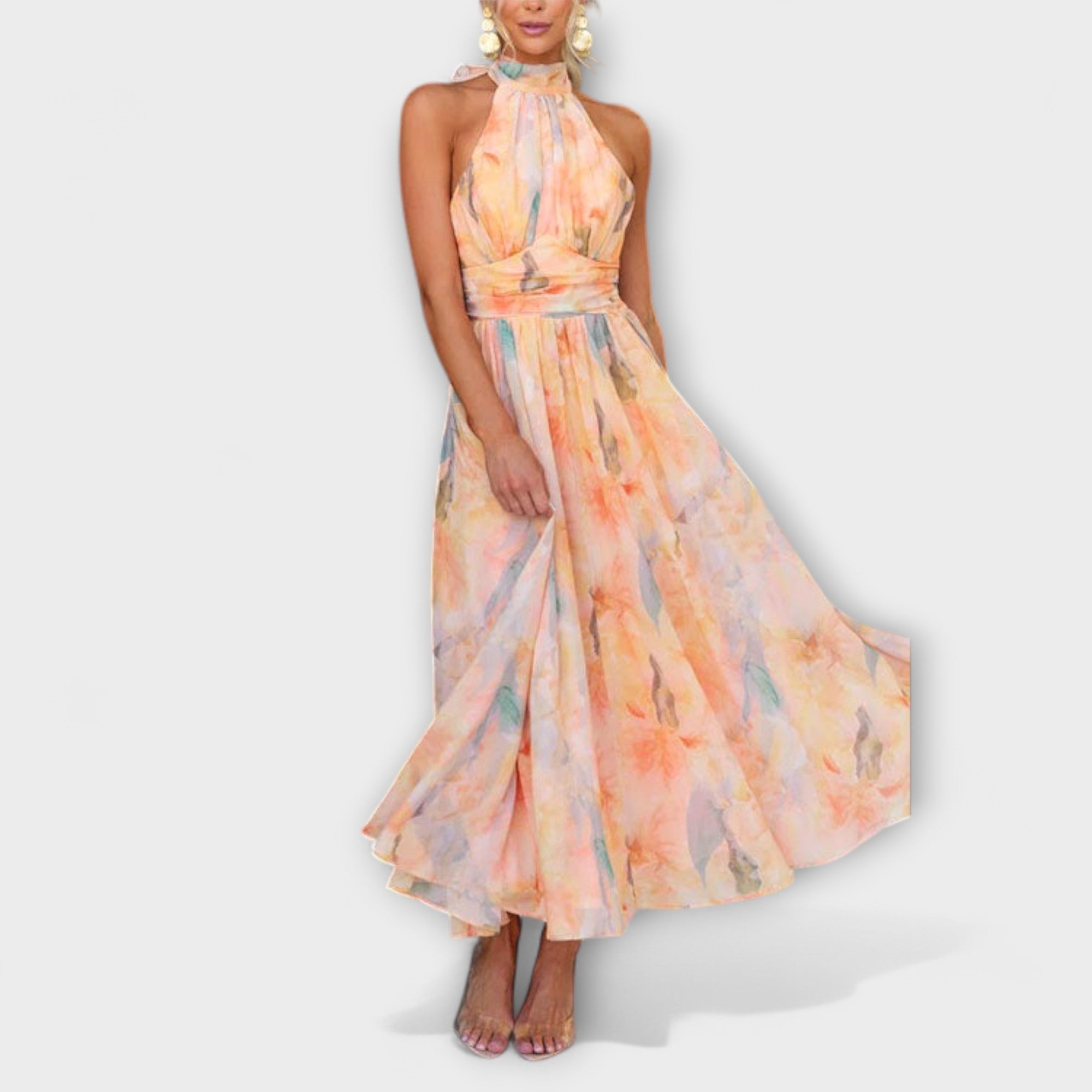Abito Lungo Donna Floreale con Scollo Halter e Vita Elasticizzata