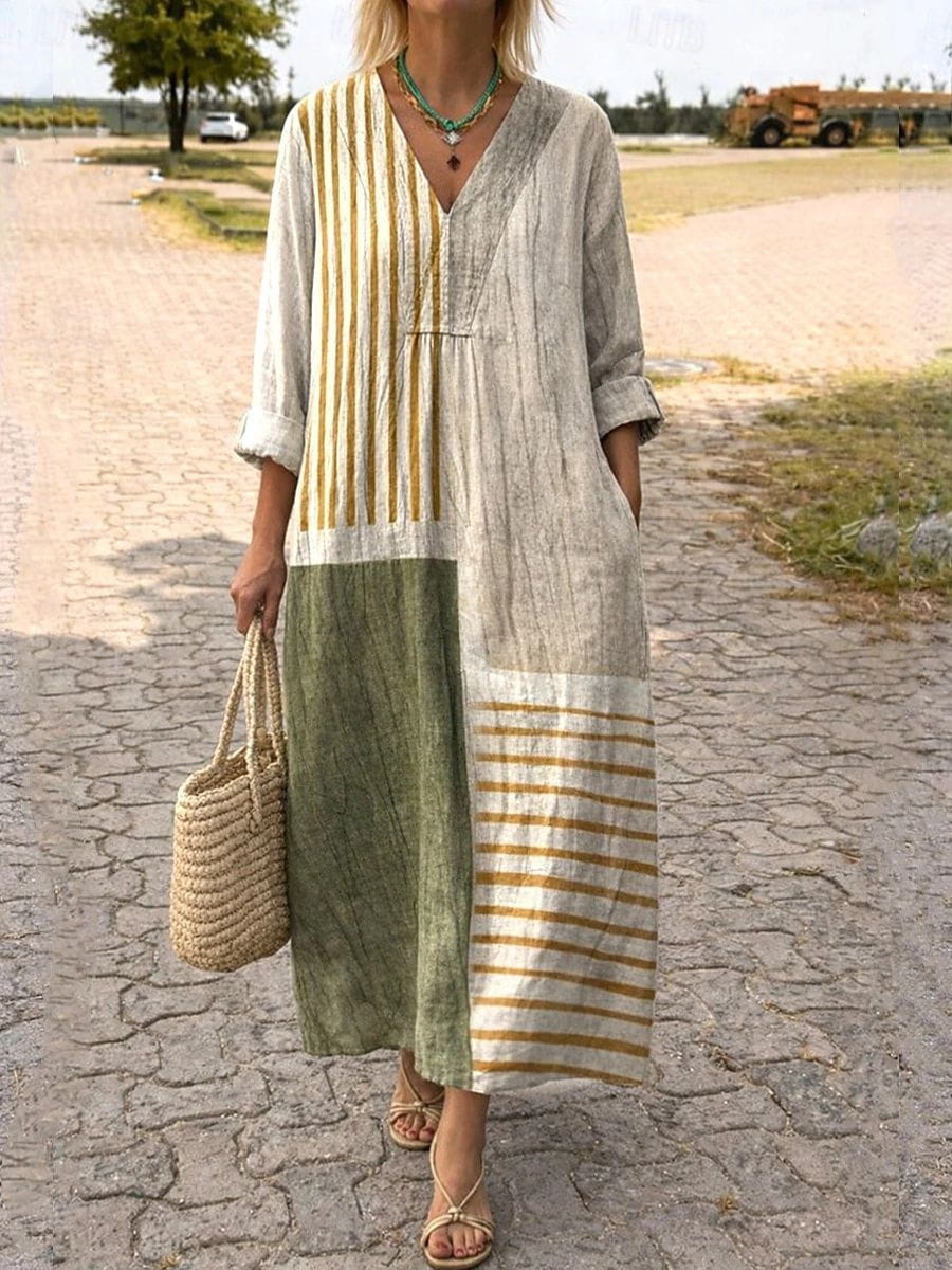 Dámské dlouhé šaty v boho stylu s výstřihem do V a dlouhými rukávy