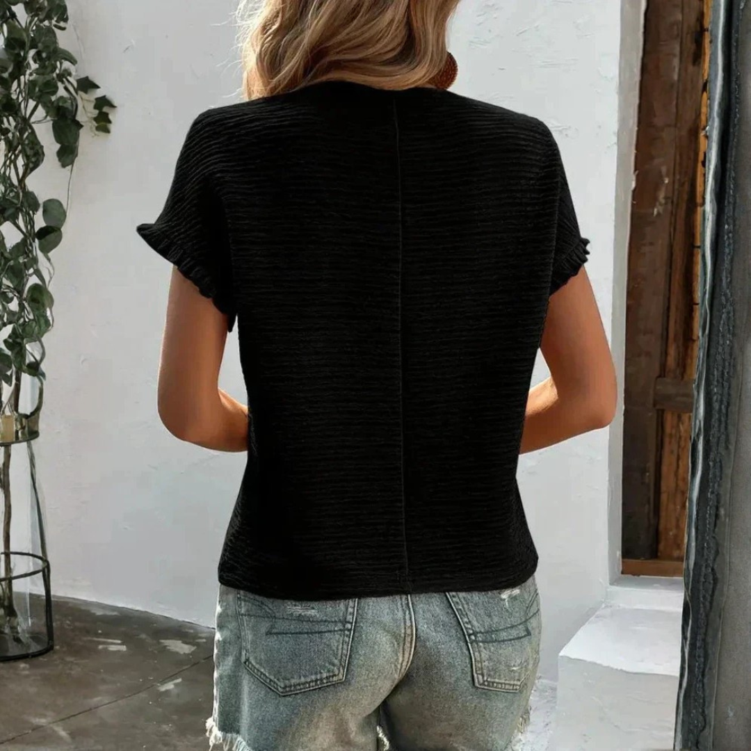 Aroa | T-Shirt Basique Femme Manches Courtes Volants Col Rond Texture Unie