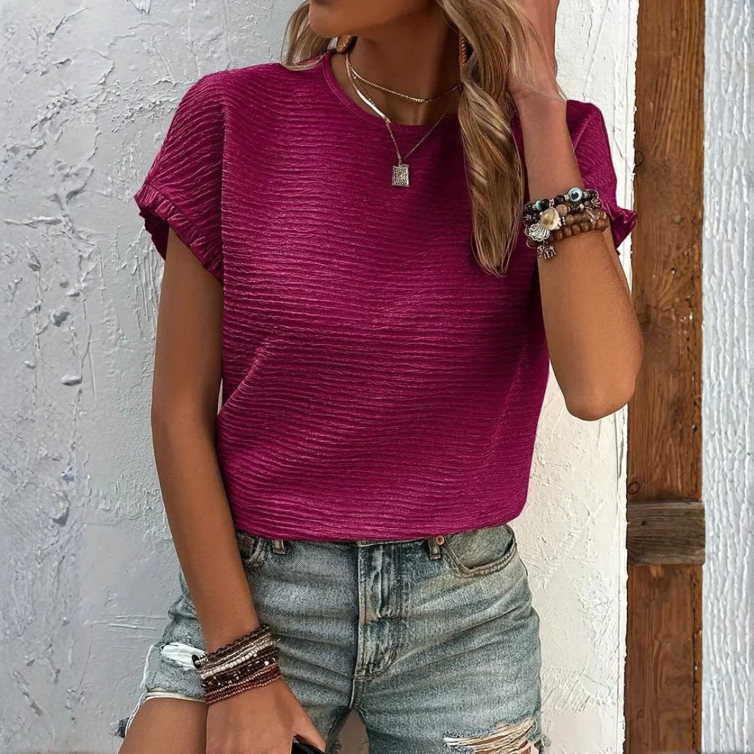 Aroa | T-Shirt Basique Femme Manches Courtes Volants Col Rond Texture Unie