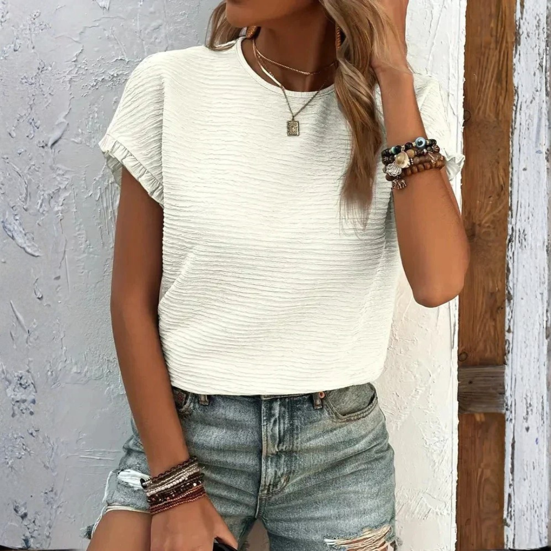 Aroa | T-Shirt Basique Femme Manches Courtes Volants Col Rond Texture Unie