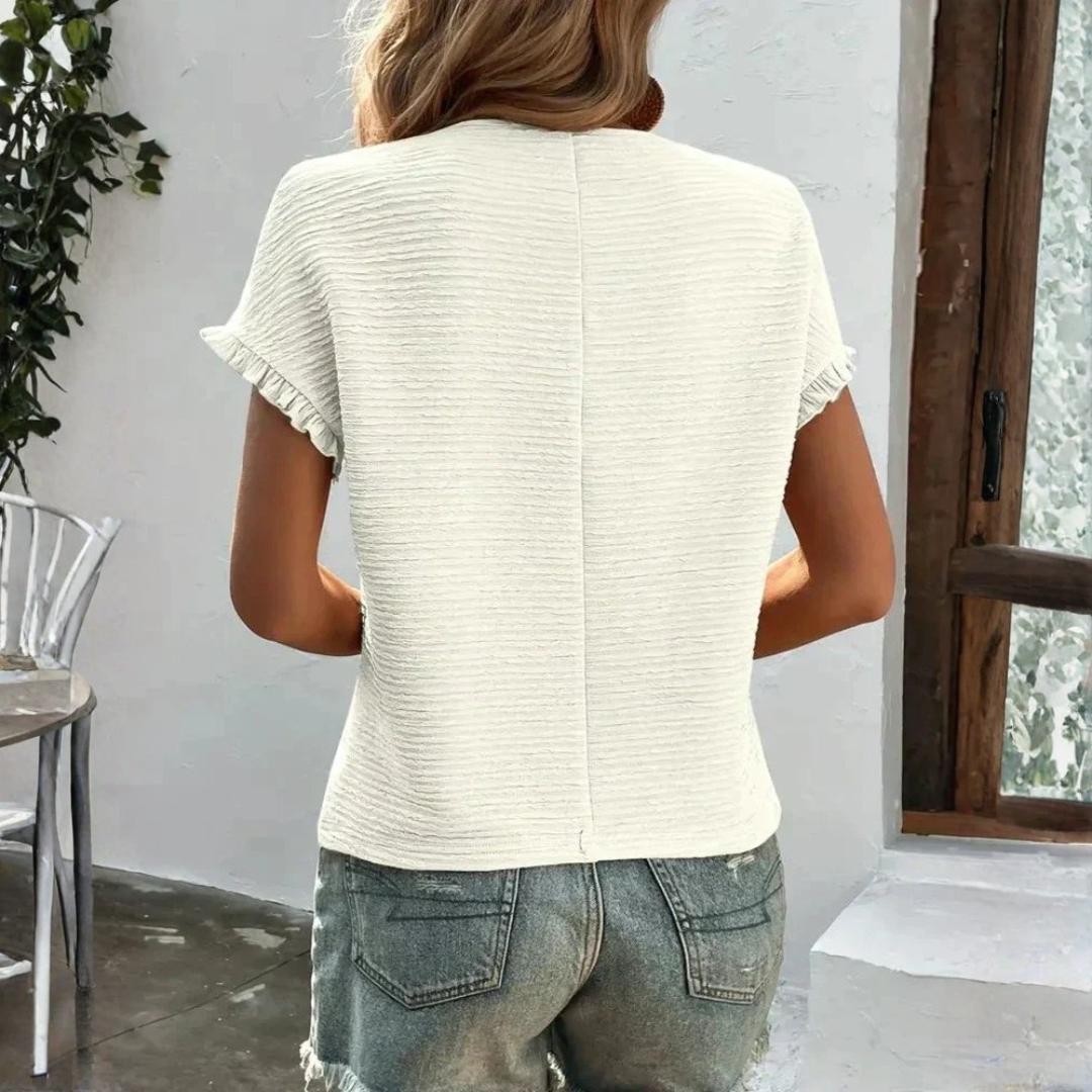 Aroa | T-Shirt Basique Femme Manches Courtes Volants Col Rond Texture Unie