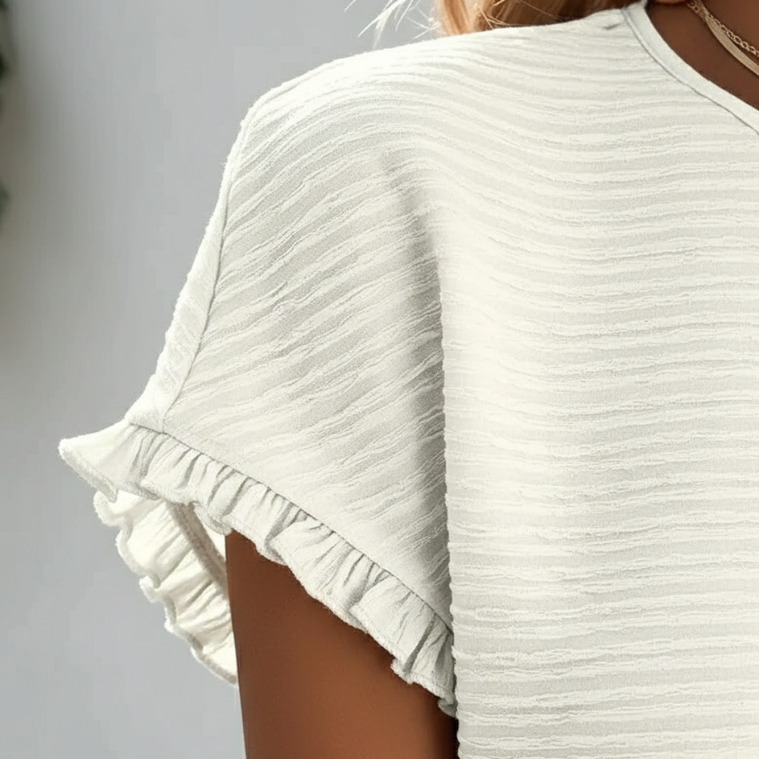 Aroa | T-Shirt Basique Femme Manches Courtes Volants Col Rond Texture Unie