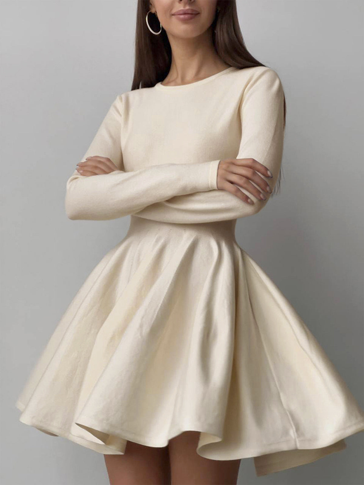 Alina | Elegant Cream Skater Dress for Women with Long Sleeves