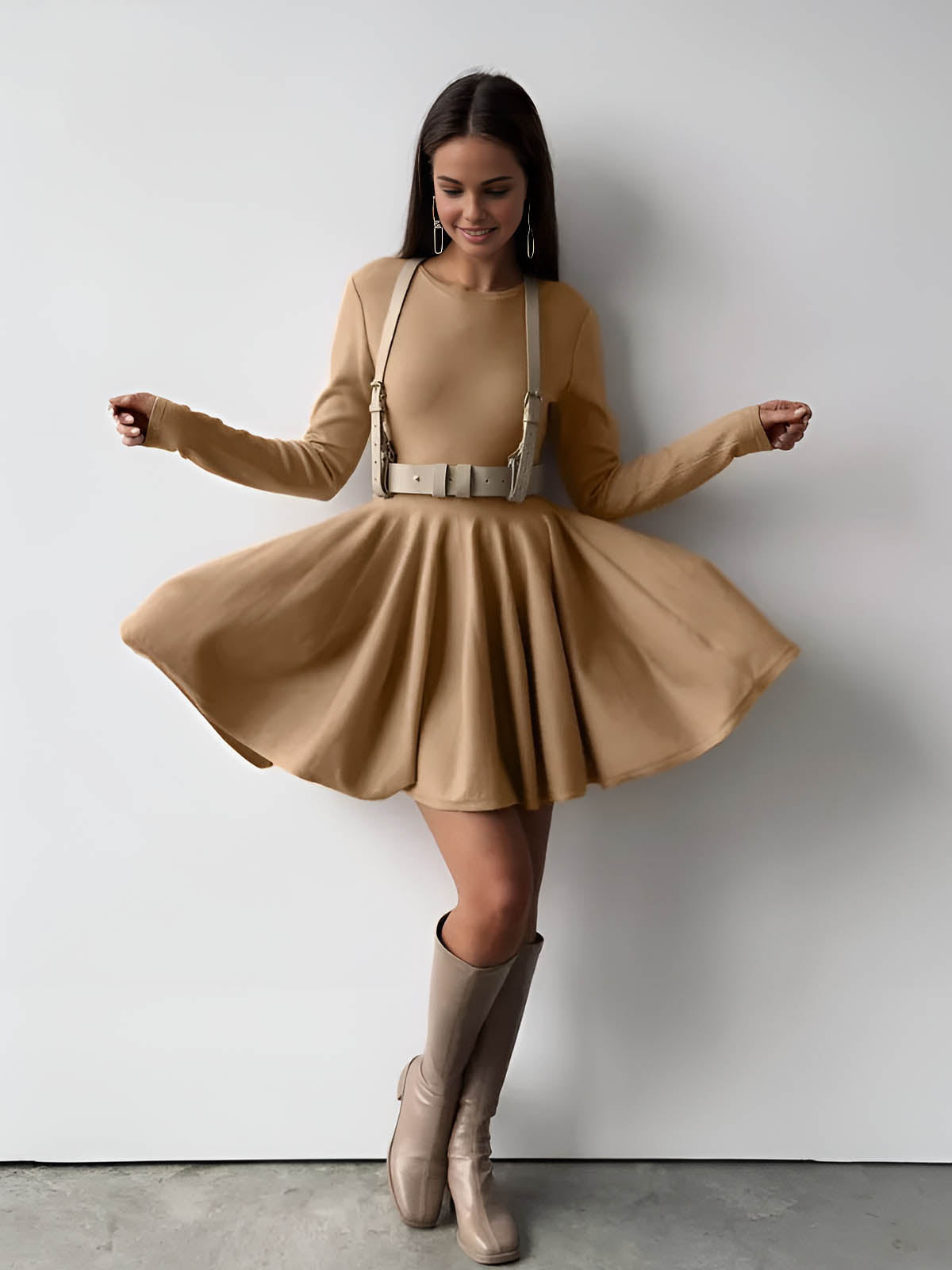 Alina | Elegant Cream Skater Dress for Women with Long Sleeves