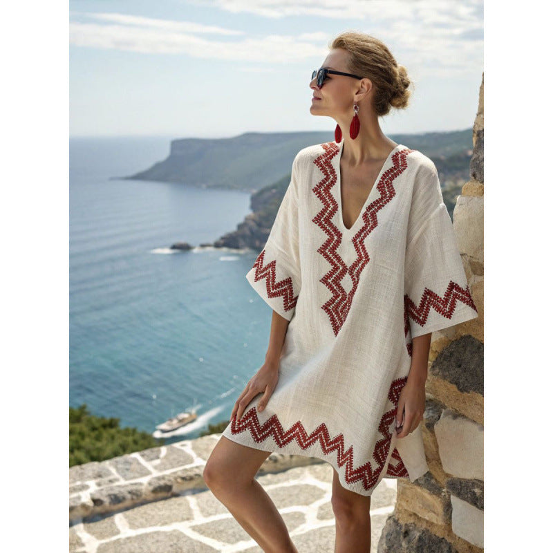 Vestido caftã boêmio feminino com bordados - elegante e fluido