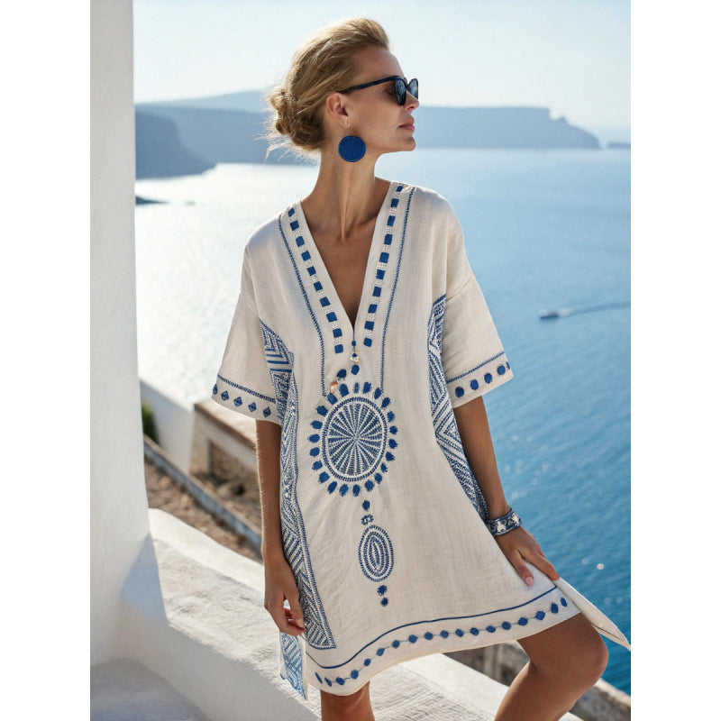 Vestido caftã boêmio feminino com bordados - elegante e fluido