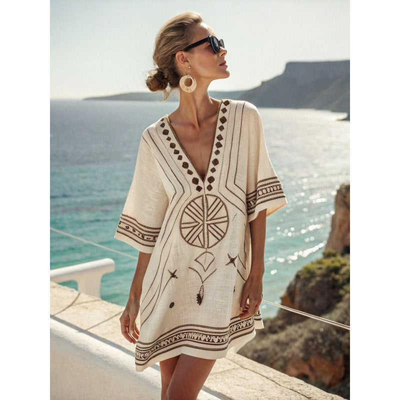 Vestido caftã boêmio feminino com bordados - elegante e fluido