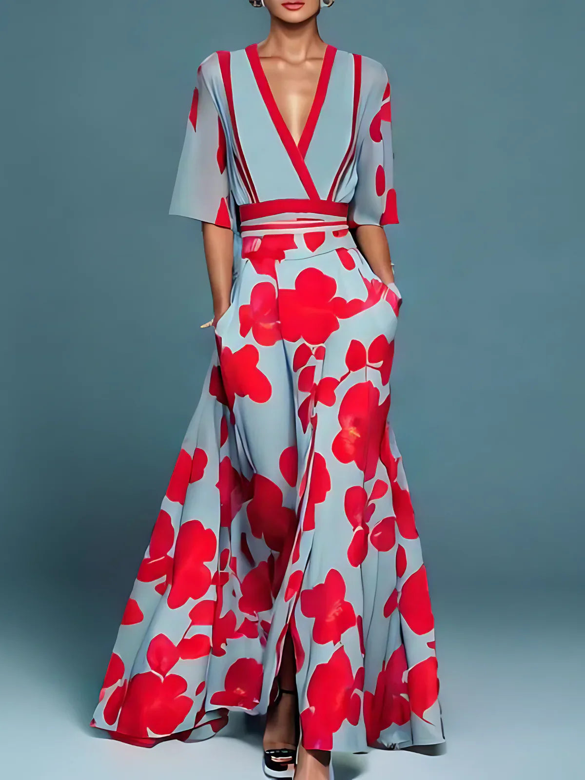 Abito Lungo Donna Floreale con Scollo a V e Maniche a 3/4