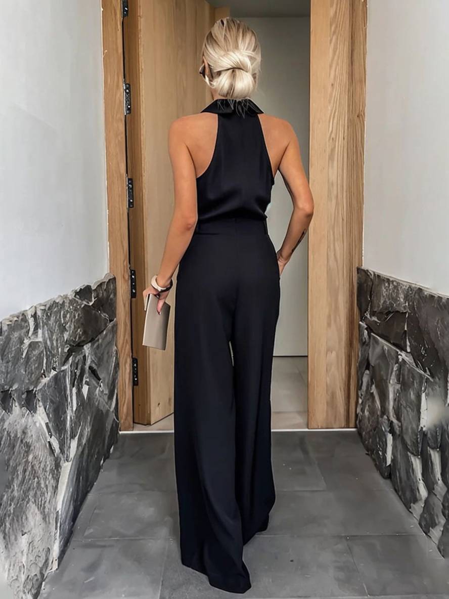 Macacão pantalona com costas abertas e cinto – elegância chique