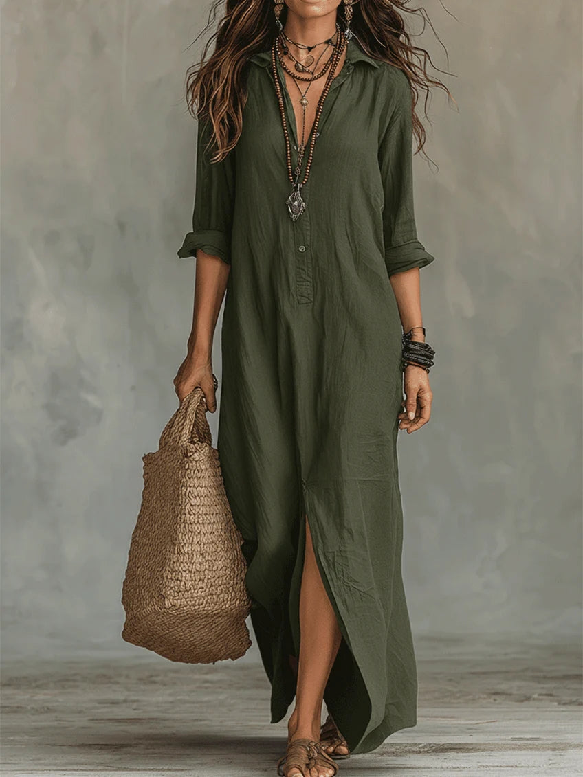 Abito Lungo Donna in Lino e Cotone con Scollo a V – Vestito Maxi Casual Elegante, Maniche 3/4, Estivo e Confortevole