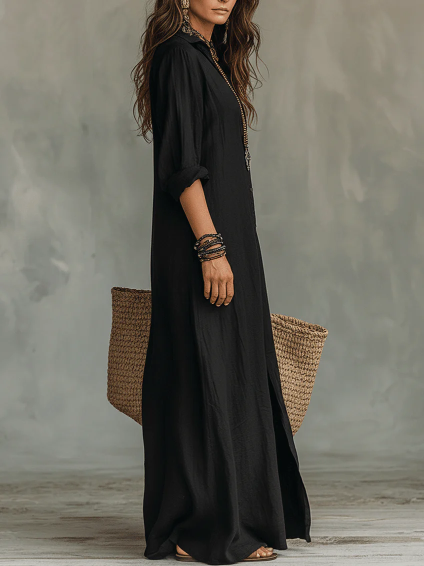 Abito Lungo Donna in Lino e Cotone con Scollo a V – Vestito Maxi Casual Elegante, Maniche 3/4, Estivo e Confortevole