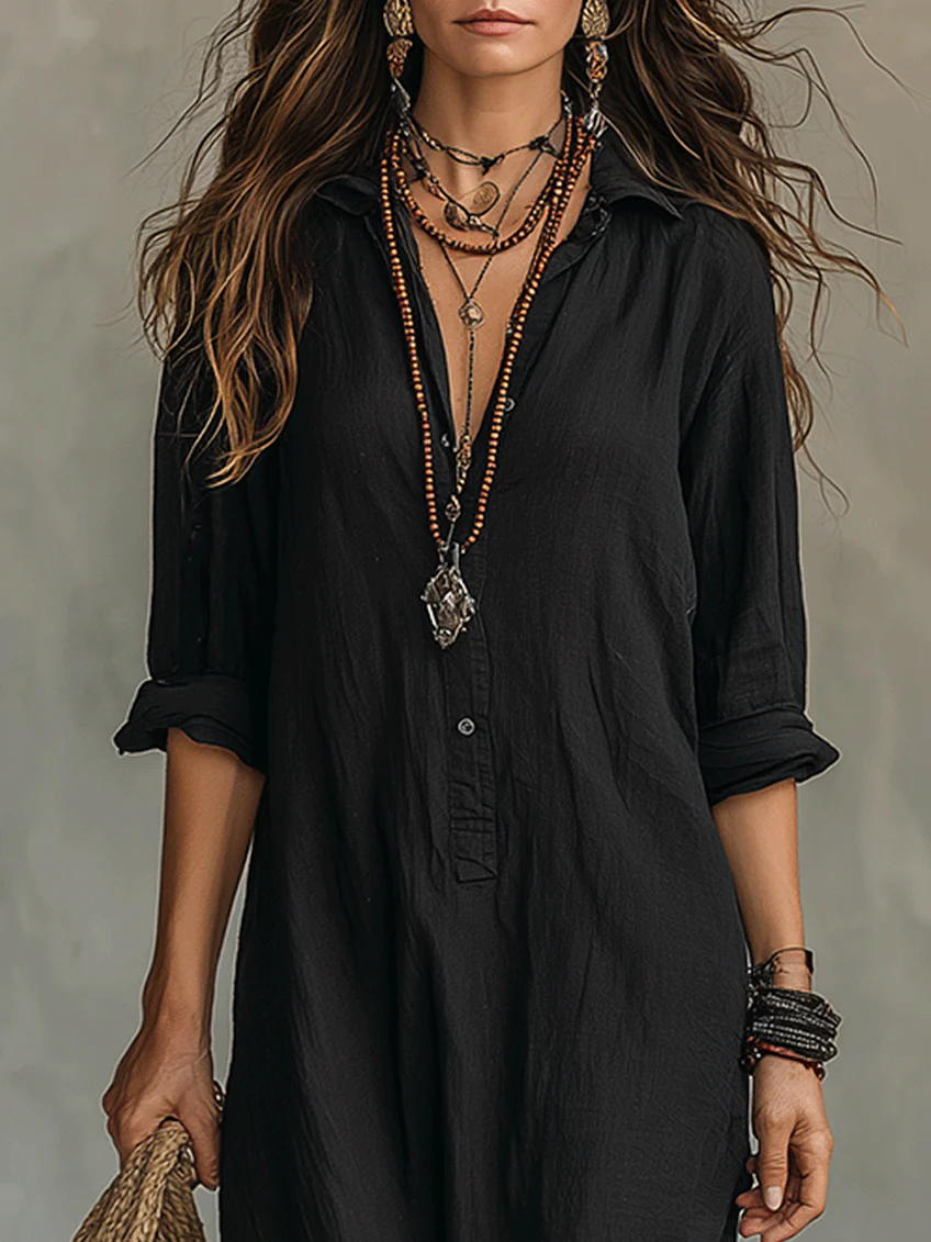 Abito Lungo Donna in Lino e Cotone con Scollo a V – Vestito Maxi Casual Elegante, Maniche 3/4, Estivo e Confortevole