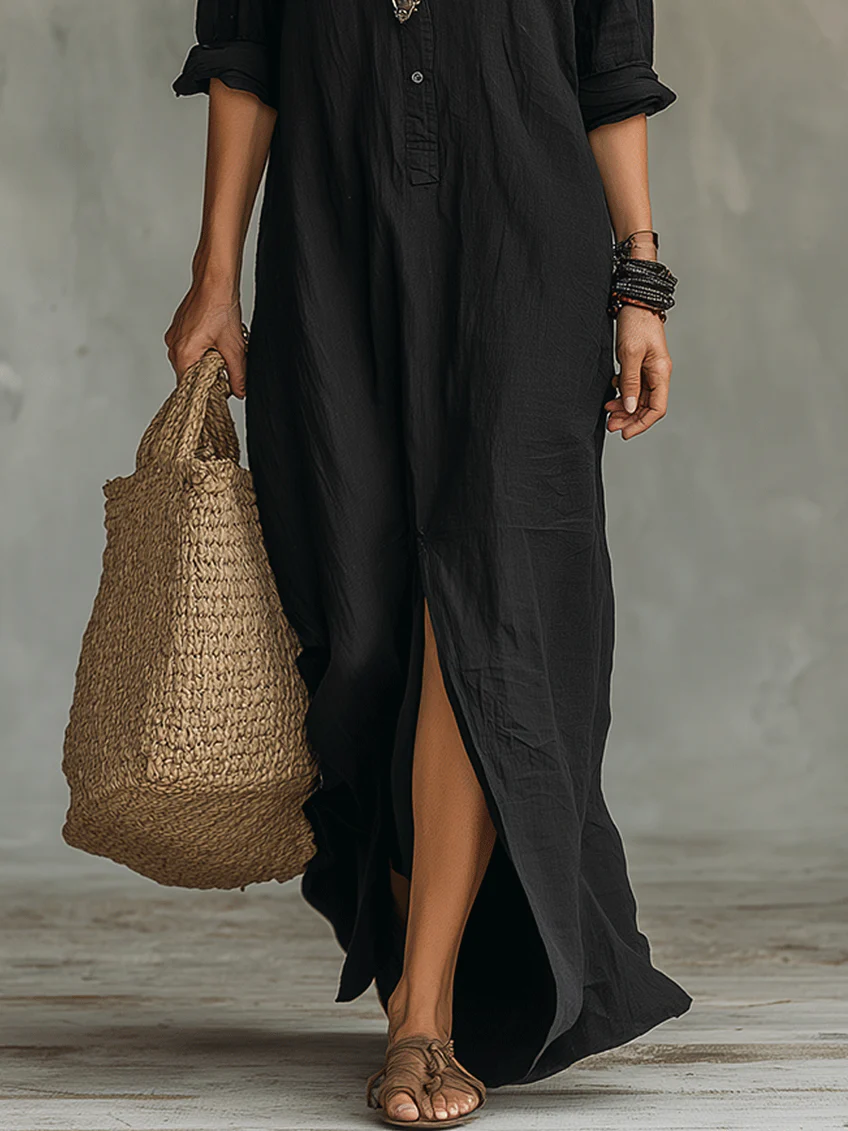 Abito Lungo Donna in Lino e Cotone con Scollo a V – Vestito Maxi Casual Elegante, Maniche 3/4, Estivo e Confortevole