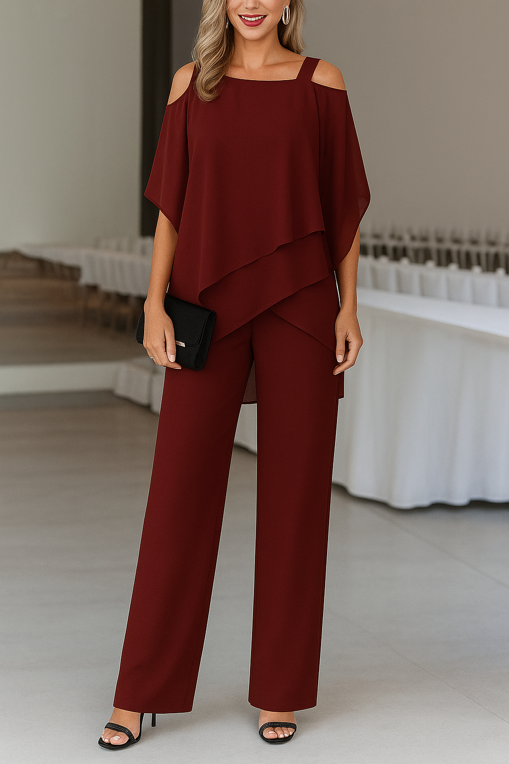 Completo Donna Elegante Due Pezzi con Blusa Asimmetrica e Pantaloni