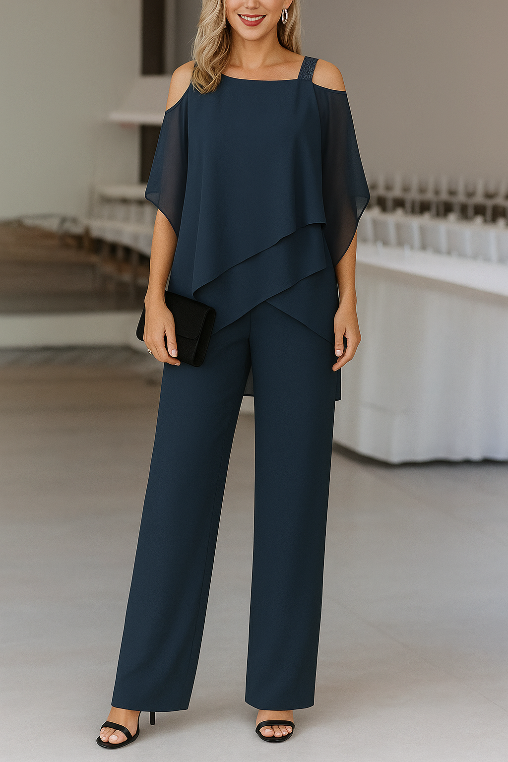 Completo Donna Elegante Due Pezzi con Blusa Asimmetrica e Pantaloni