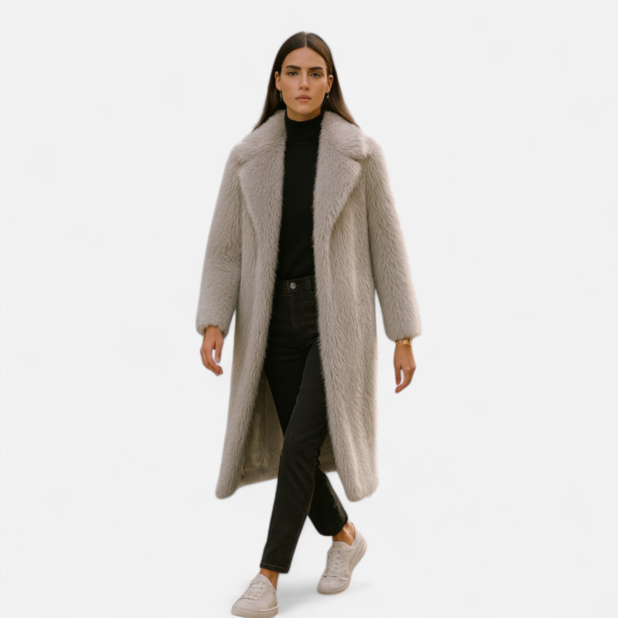 Cappotto Lungo Donna Effetto Pelliccia con Collo Ampio