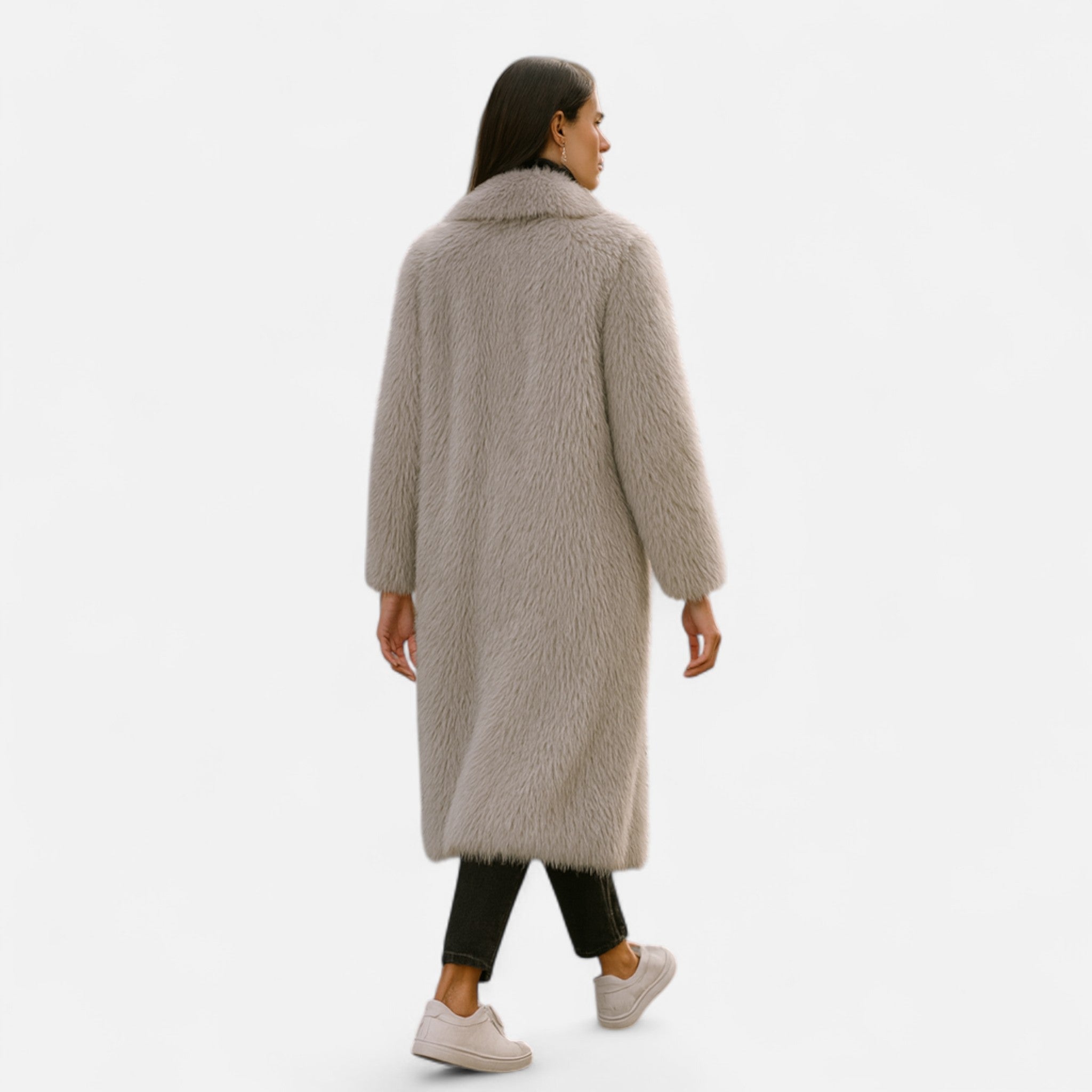 Cappotto Lungo Donna Effetto Pelliccia con Collo Ampio