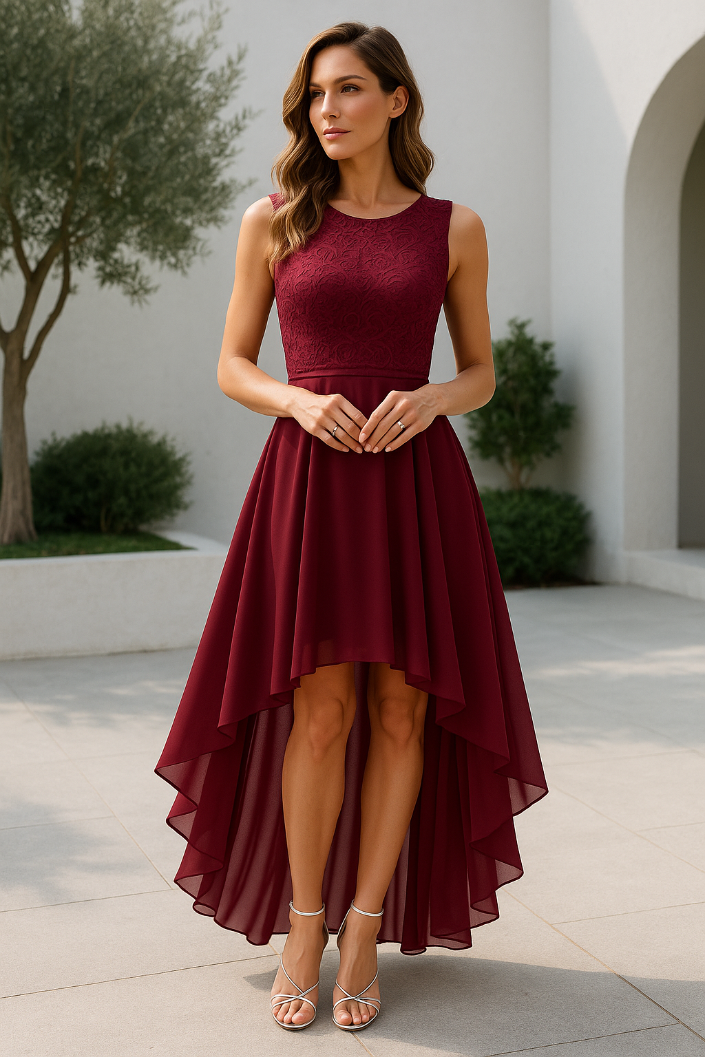 Abito da Sera Asimmetrico High-Low Elegante Senza Maniche
