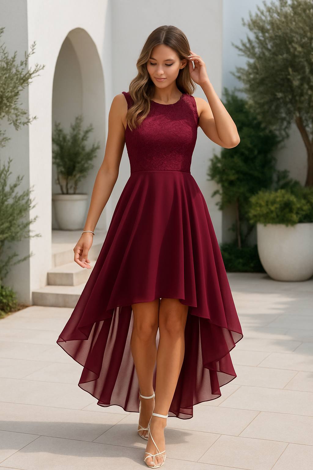Abito da Sera Asimmetrico High-Low Elegante Senza Maniche