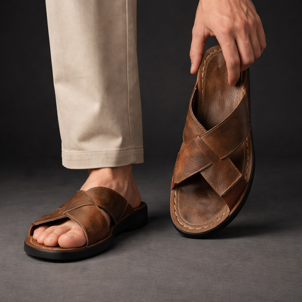 Sandali Uomo in Pelle con Fasce Incrociate e Plantare Comfort