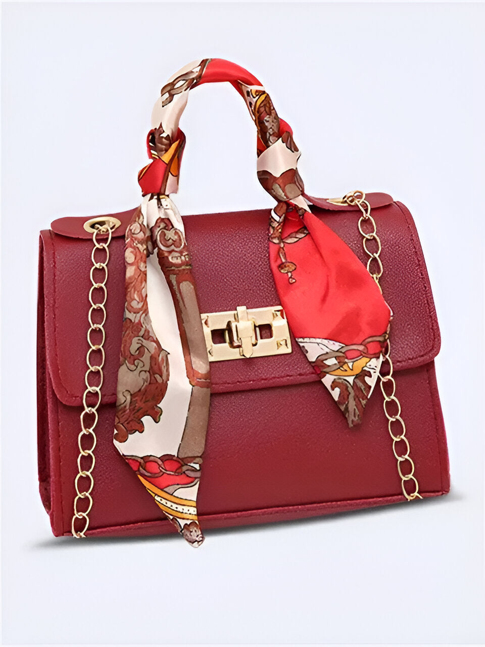 Sac à main pour femme avec foulard décoratif et bandoulière chaîne