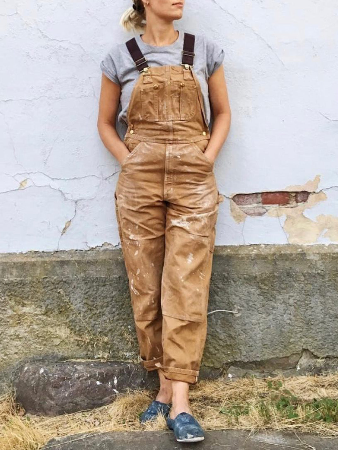 Salopette Donna Lunga in Stile Utility con Tasche e Bretelle Regolabili