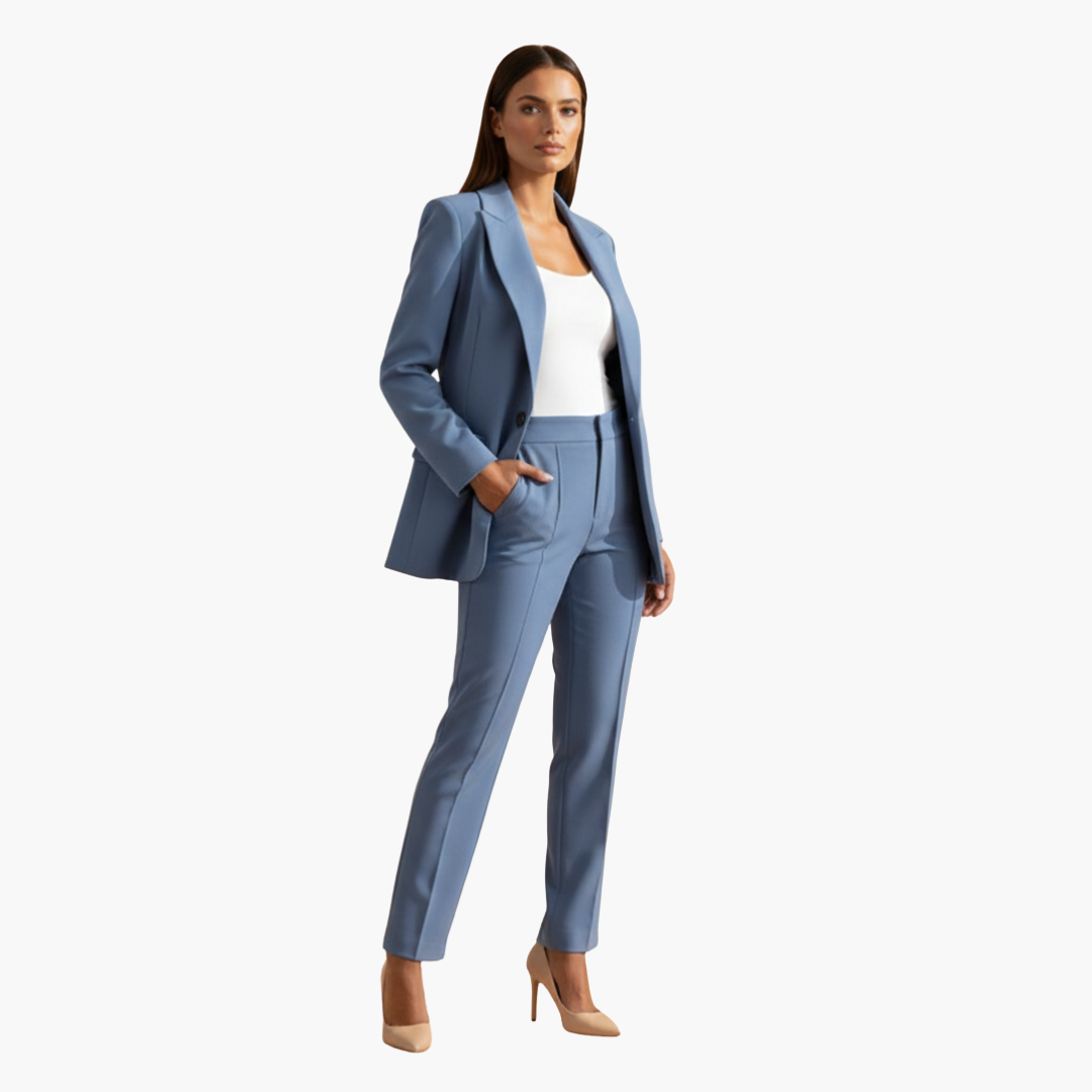 Conjunto feminino de blazer e calça com lapelas clássicas e modelagem ajustada