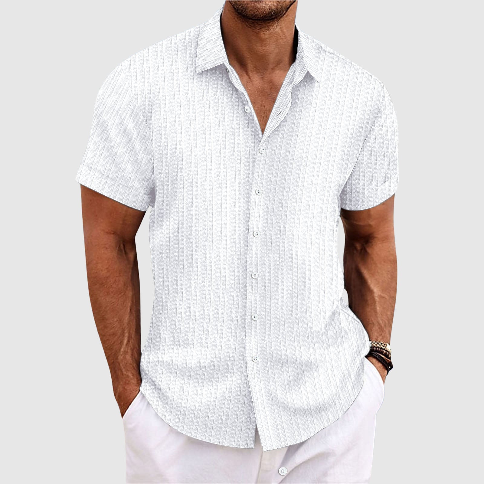 Camicia da uomo a righe a maniche corte con colletto classico