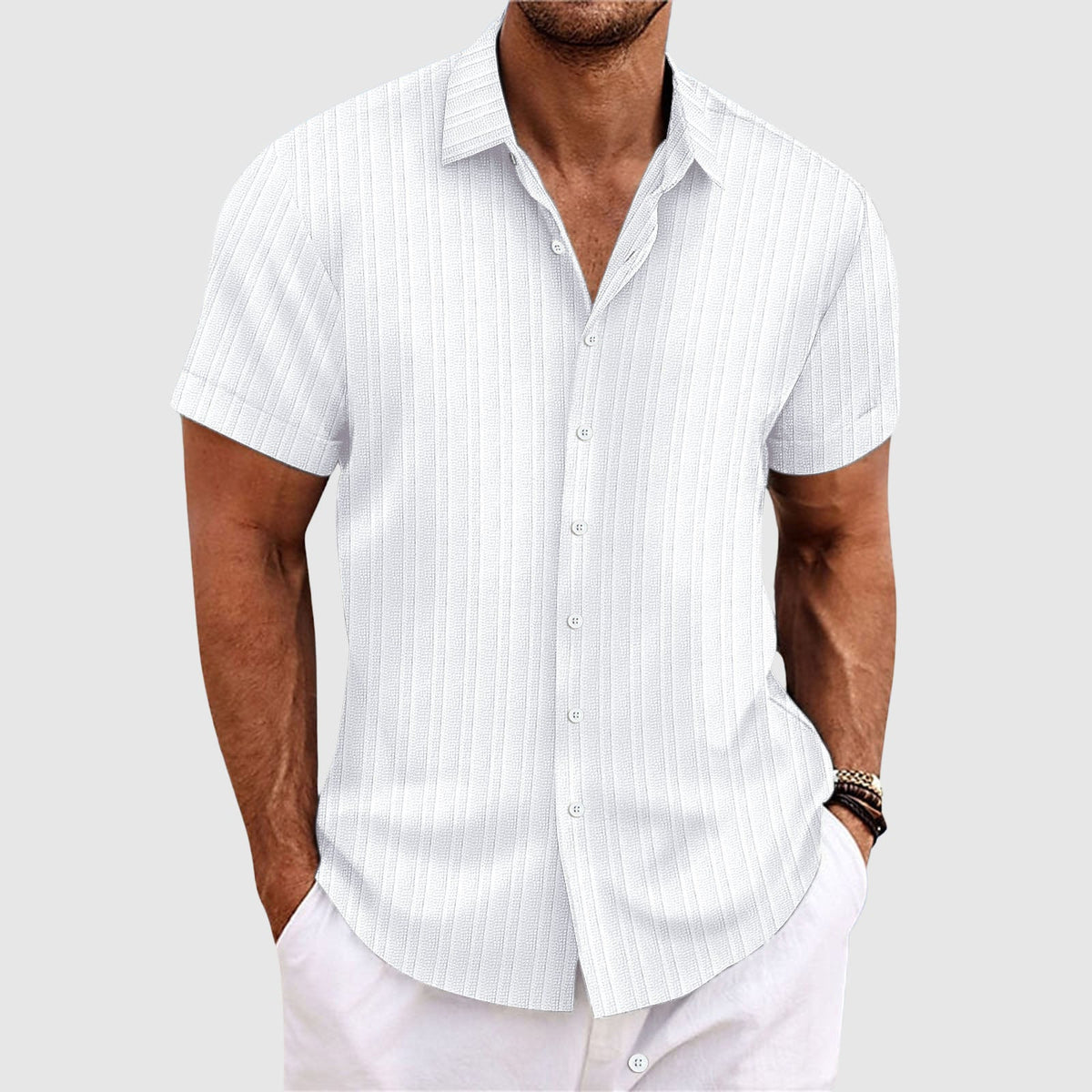 Chemise pour homme à rayures, manches courtes et col classique