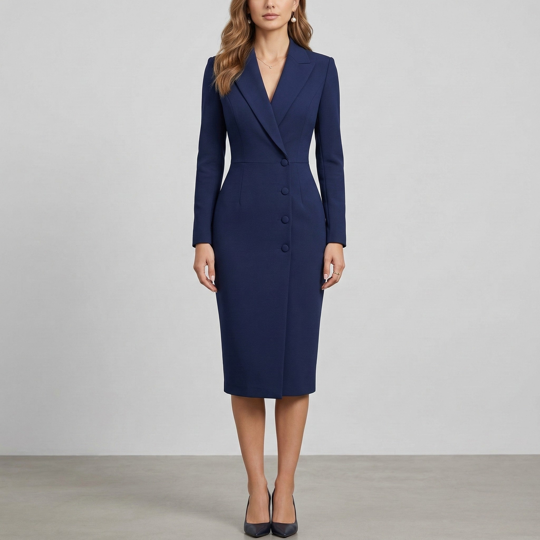Elegant women's midi blazer dress, tailored with buttons and long sleeves