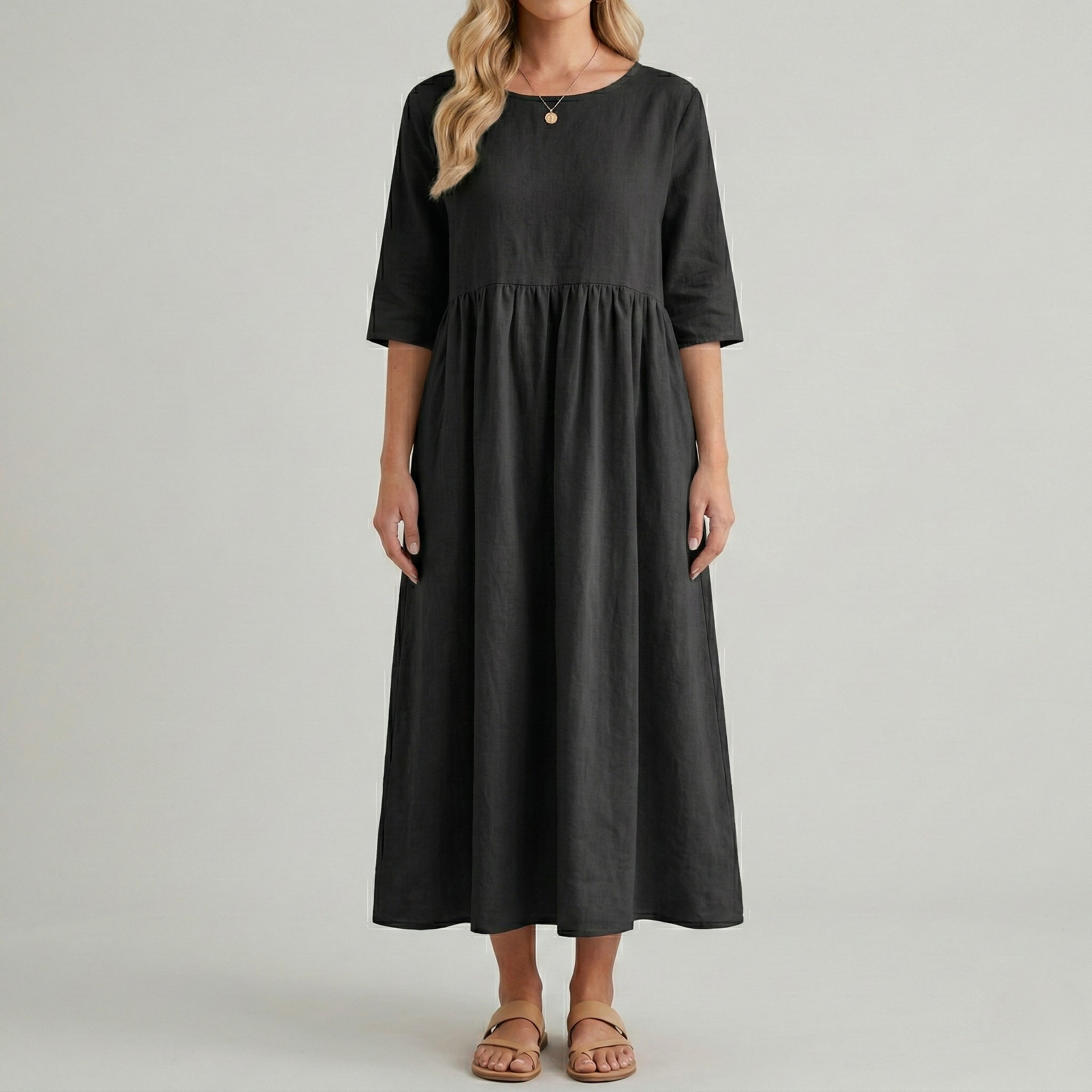Women's midi cotton dress with short sleeves and casual side pockets