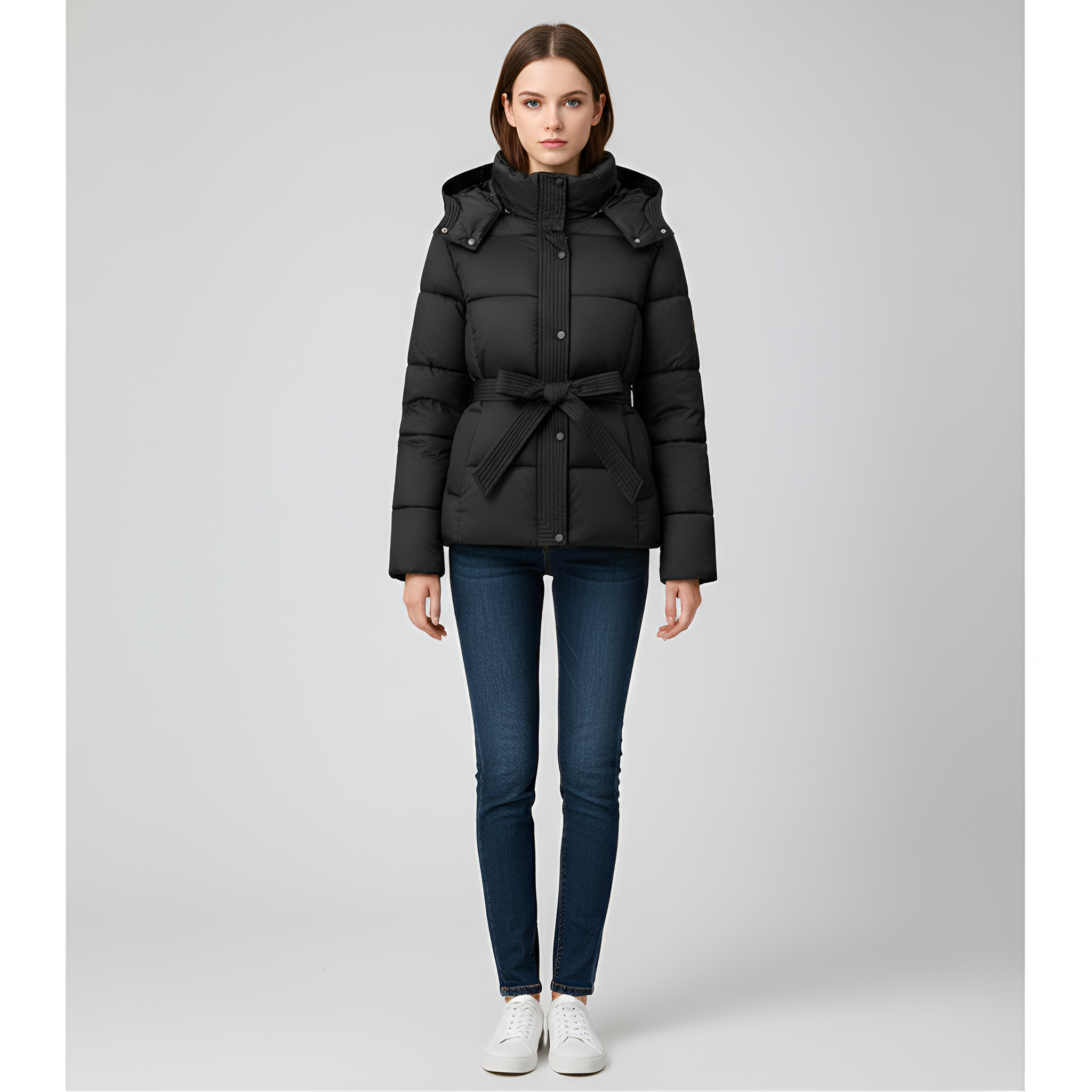 Valerios Fashion casaco acolchoado feminino com capuz e cinto para inverno