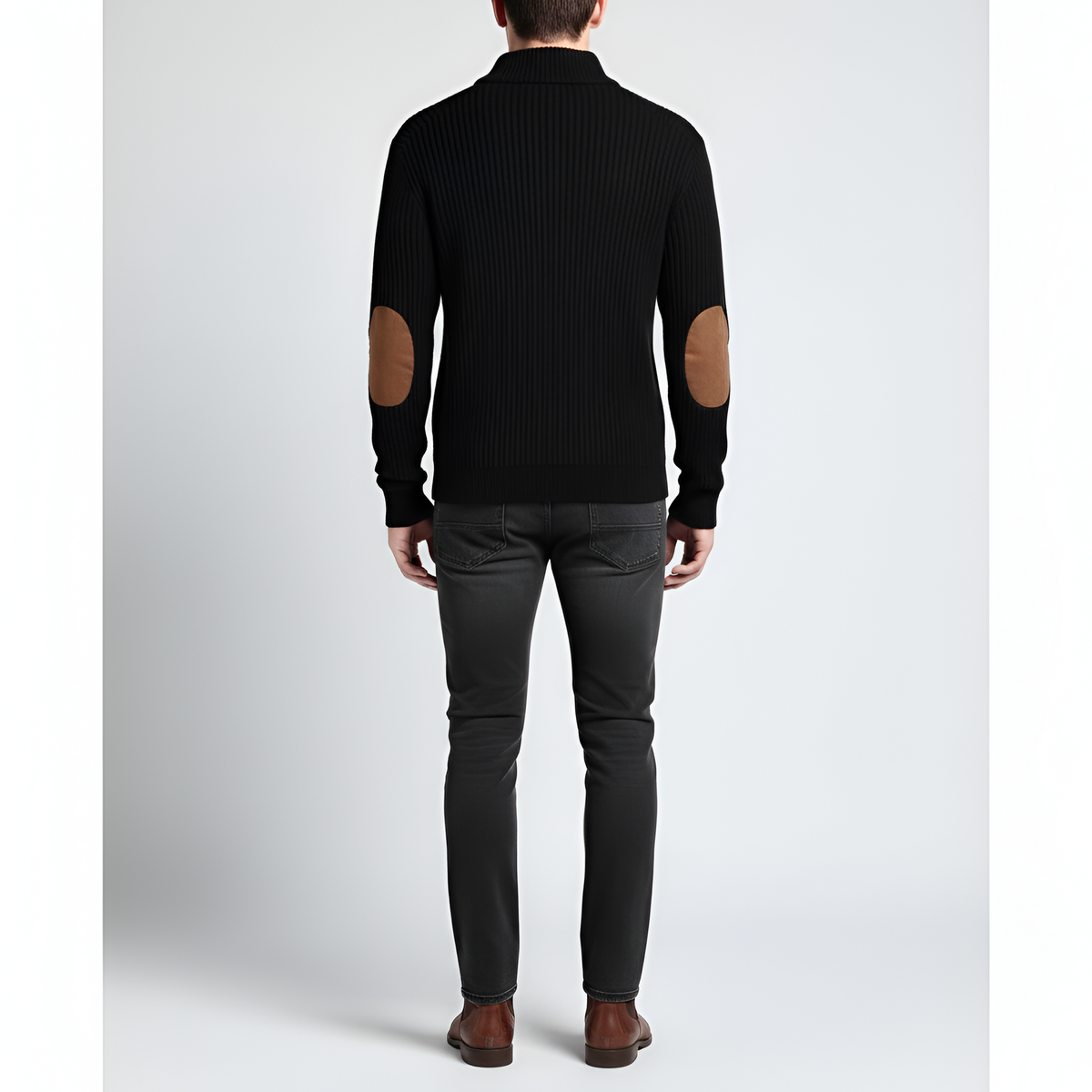 Valerios Fashion – męski prążkowany golf z łatami na łokciach