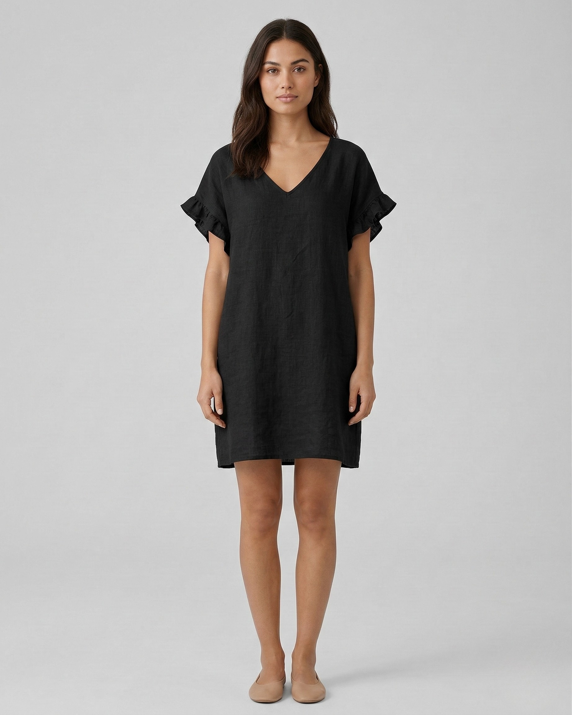 Vestito corto donna in lino scollo a V maniche corte abito casual estivo donna