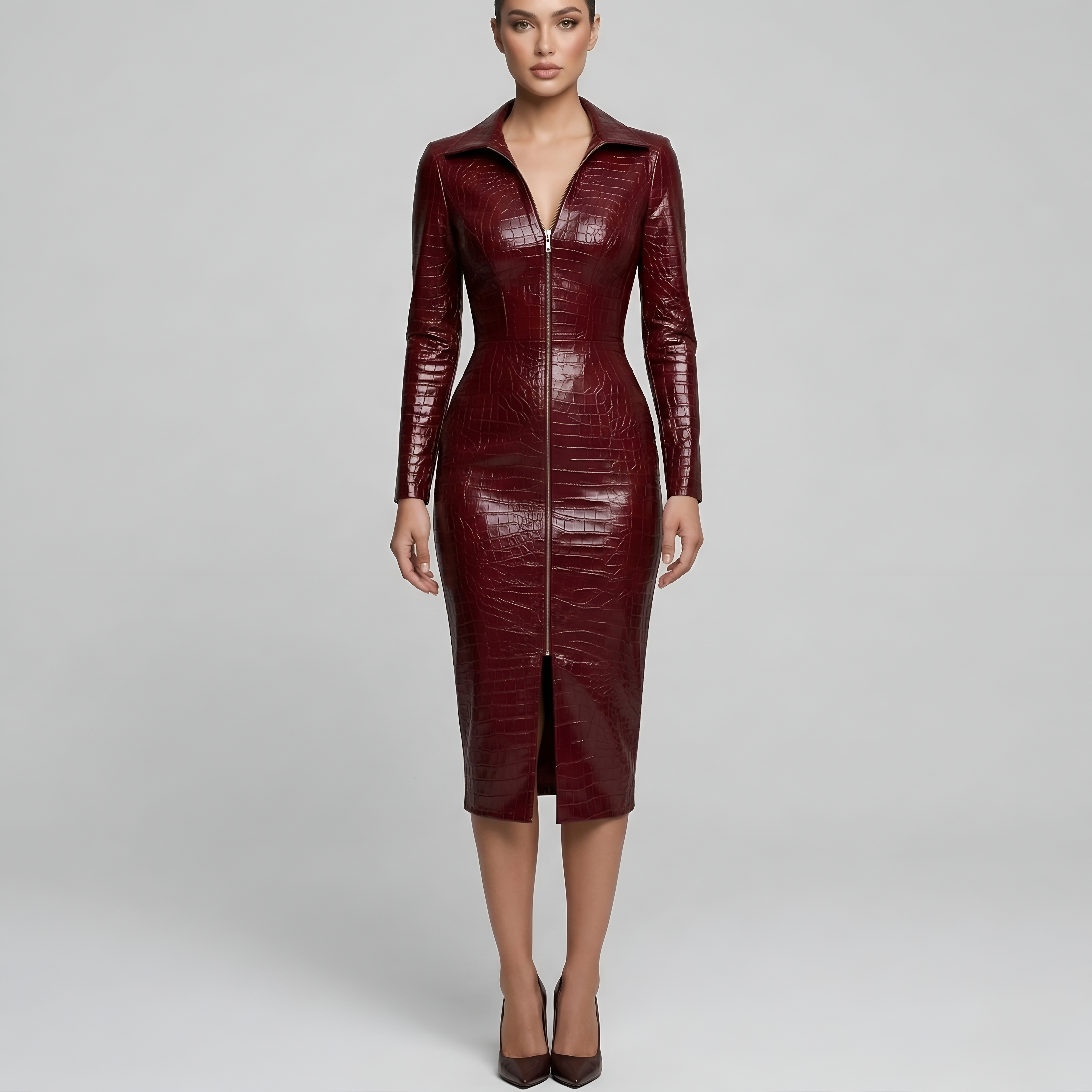 Vestito Donna Aderente Effetto Pelle con Zip Frontale e Maniche Lunghe Abito Midi