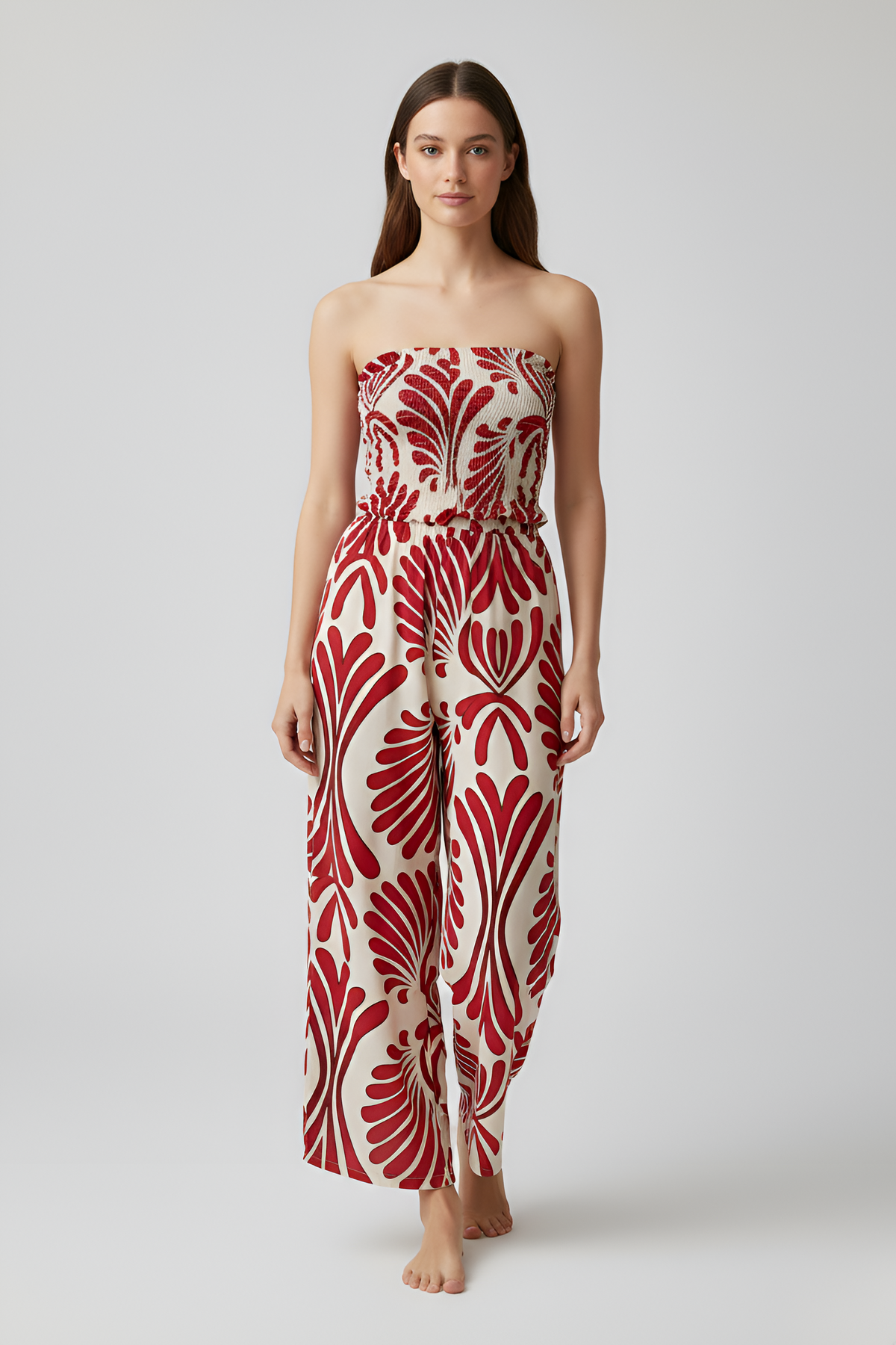 Women’s strapless long dress with print, elegant casual summer dress