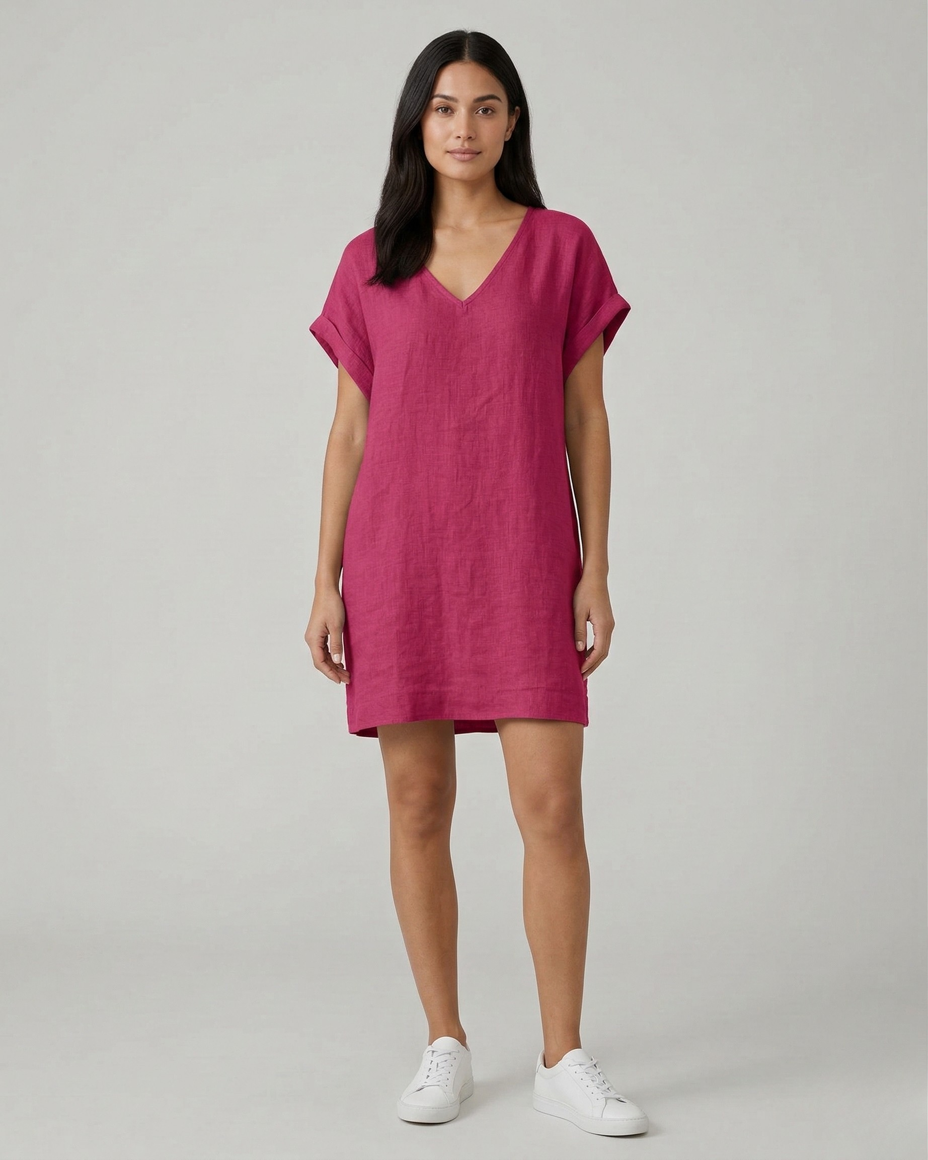 Vestito corto donna in lino scollo a V maniche corte abito casual estivo donna