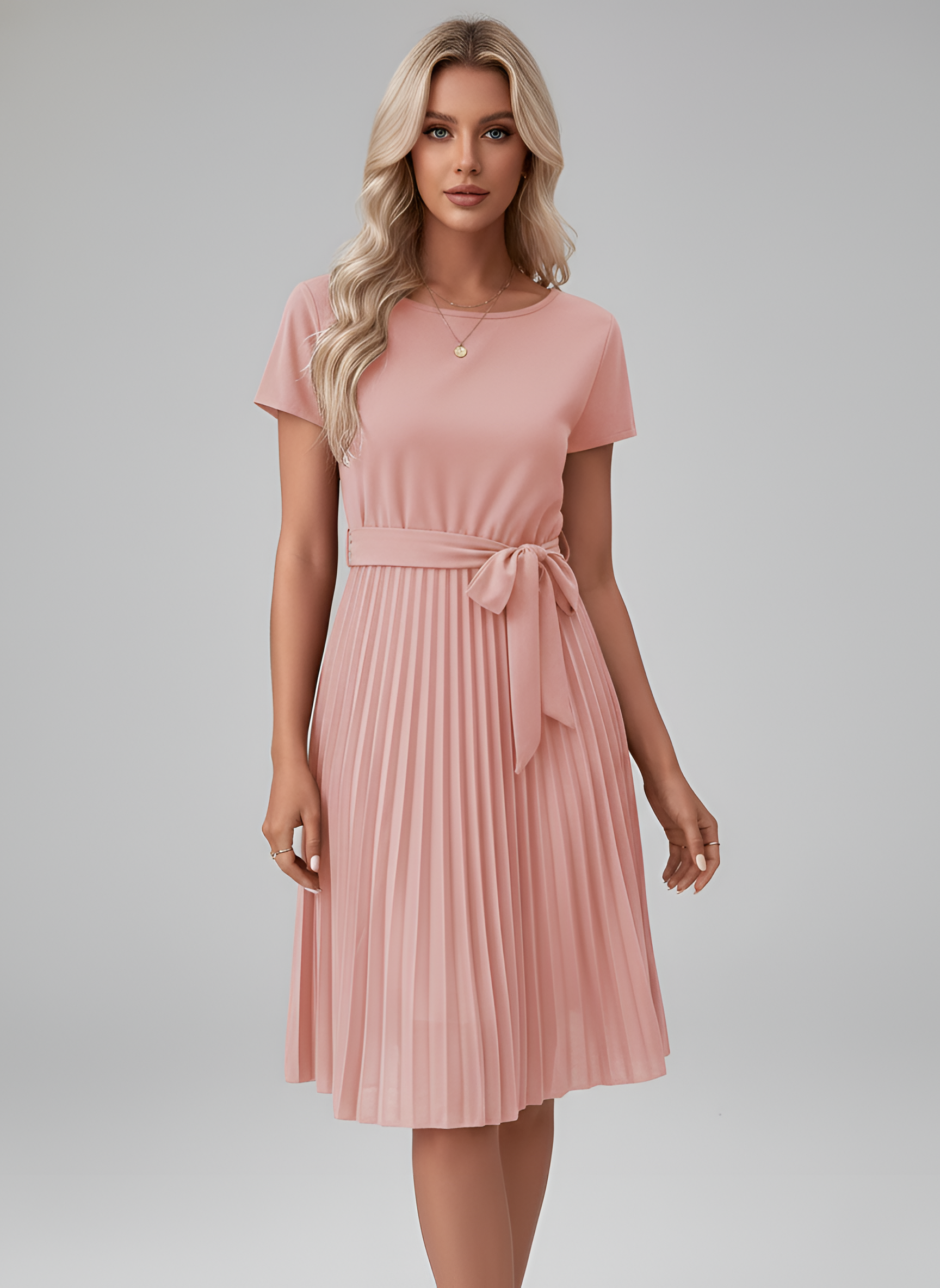 Women's Pleated Midi Dress with Belt and Short Sleeves in Fluid Fabric